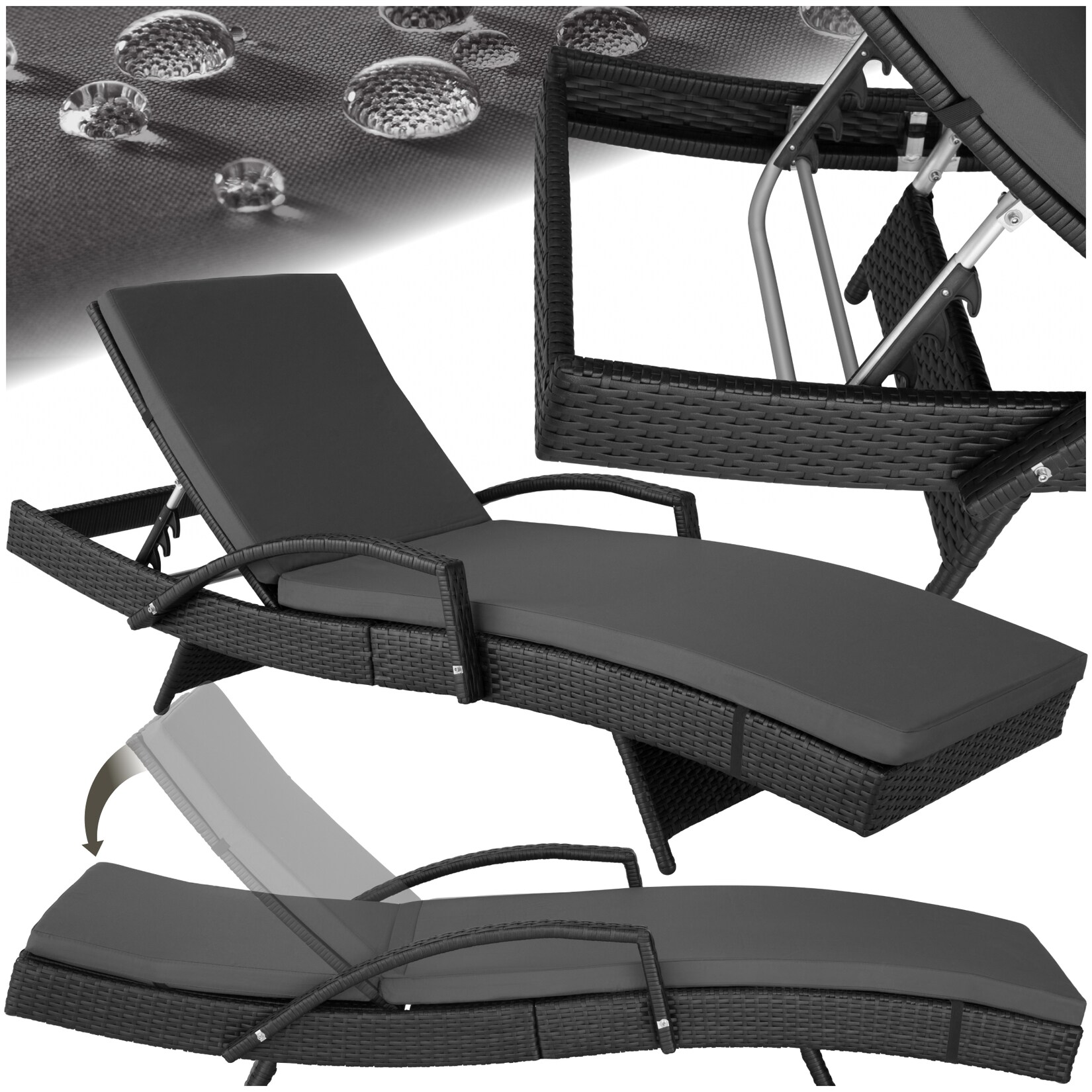 tectake® Aluminium Rattan Sonnenliege, wetterfest und UV-beständig, abnehmbare Polsterauflage, 190 x 71 x 34 – 74,5 cm