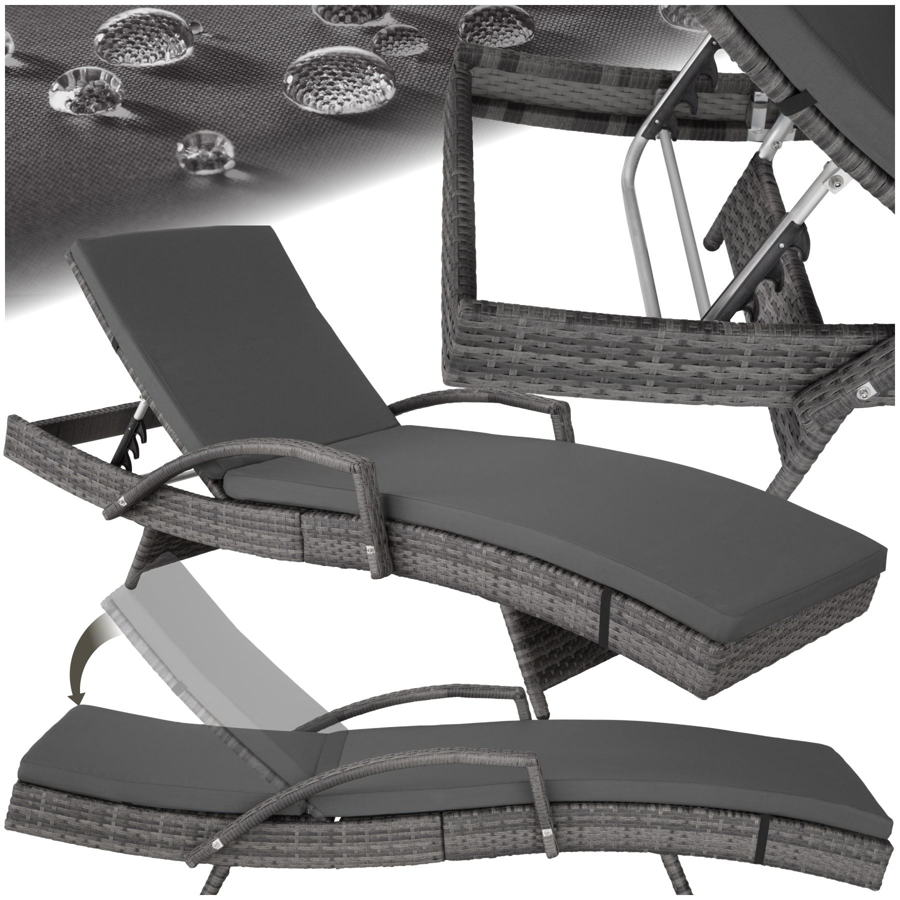 tectake&reg; Aluminium Rattan Sonnenliege, wetterfest und UV-best&auml;ndig, abnehmbare Polsterauflage, 190 x 71 x 34 &ndash; 74,5 cm 