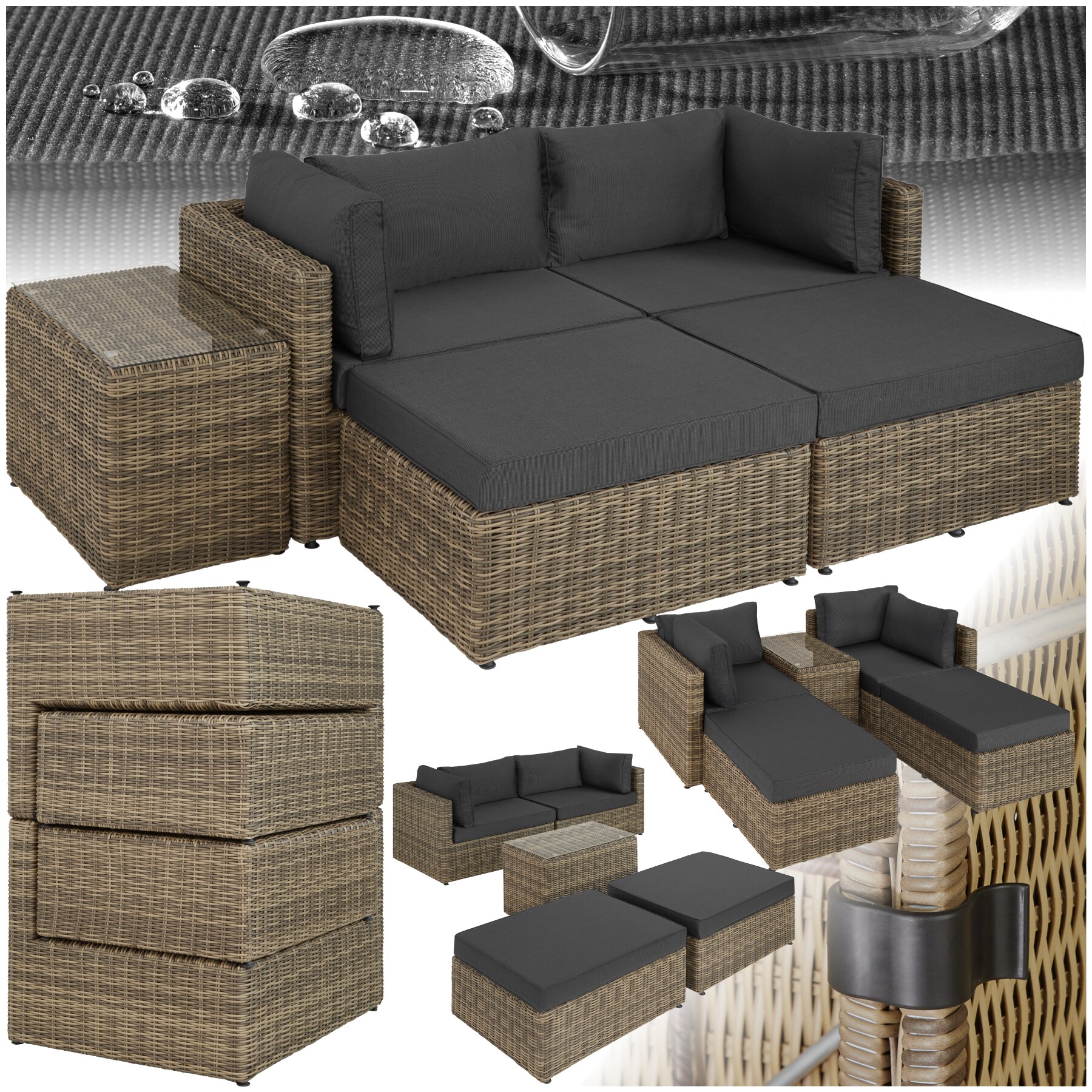 tectake&reg; Rattan Lounge, mit Aluminiumgestell, wetterfest und UV-best&auml;ndig, mit Sicherheitsglasplatte 