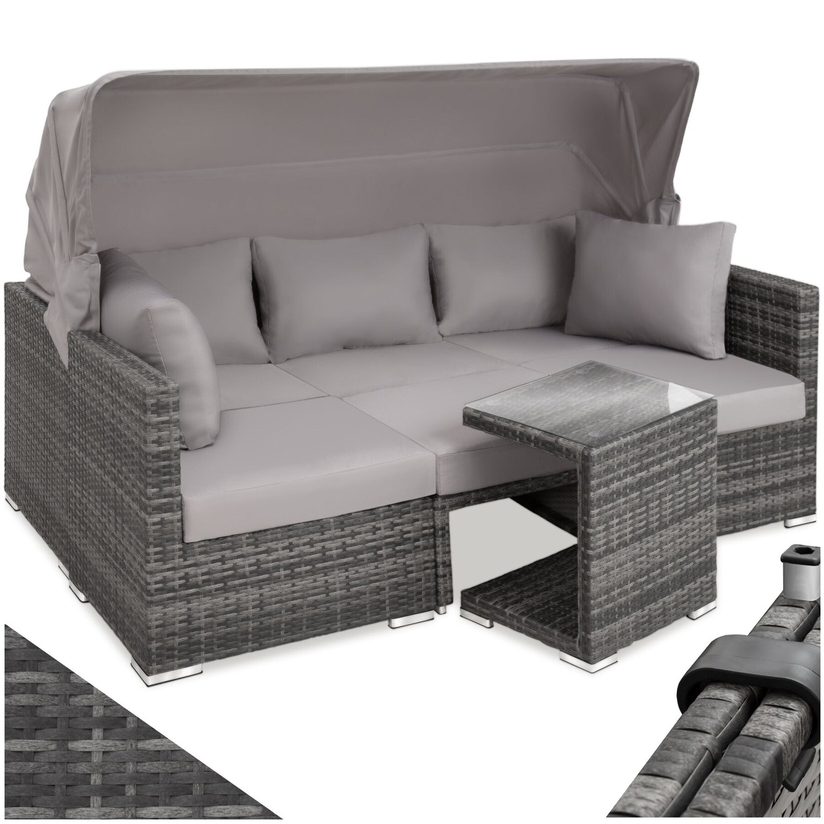 tectake® Rattan Lounge, mit Aluminiumgestell, wetterfest und UV-beständig, mit klapparem Sonnenschutz, mit Sicherheitsglasplatte, variabel aufstellbar