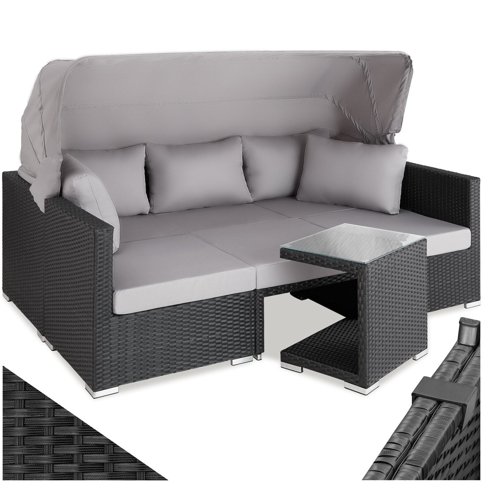 tectake® Aluminium Rattan Lounge, wetterfest und UV-beständig, für 5 bis 6 Personen, mit klappbarem Sonnenschutz