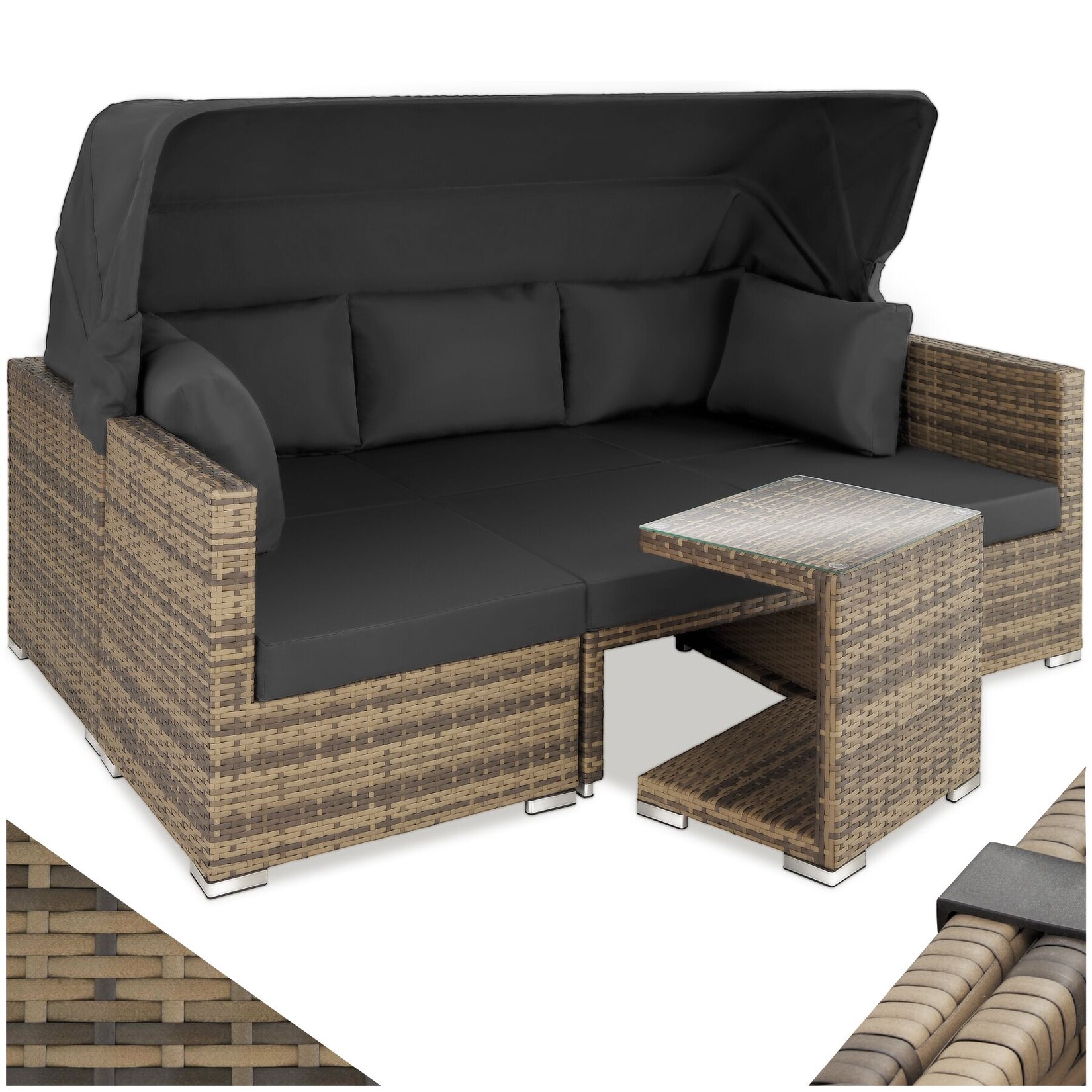 tectake® Aluminium Rattan Lounge, wetterfest und UV-beständig, für 5 bis 6 Personen, mit klappbarem Sonnenschutz