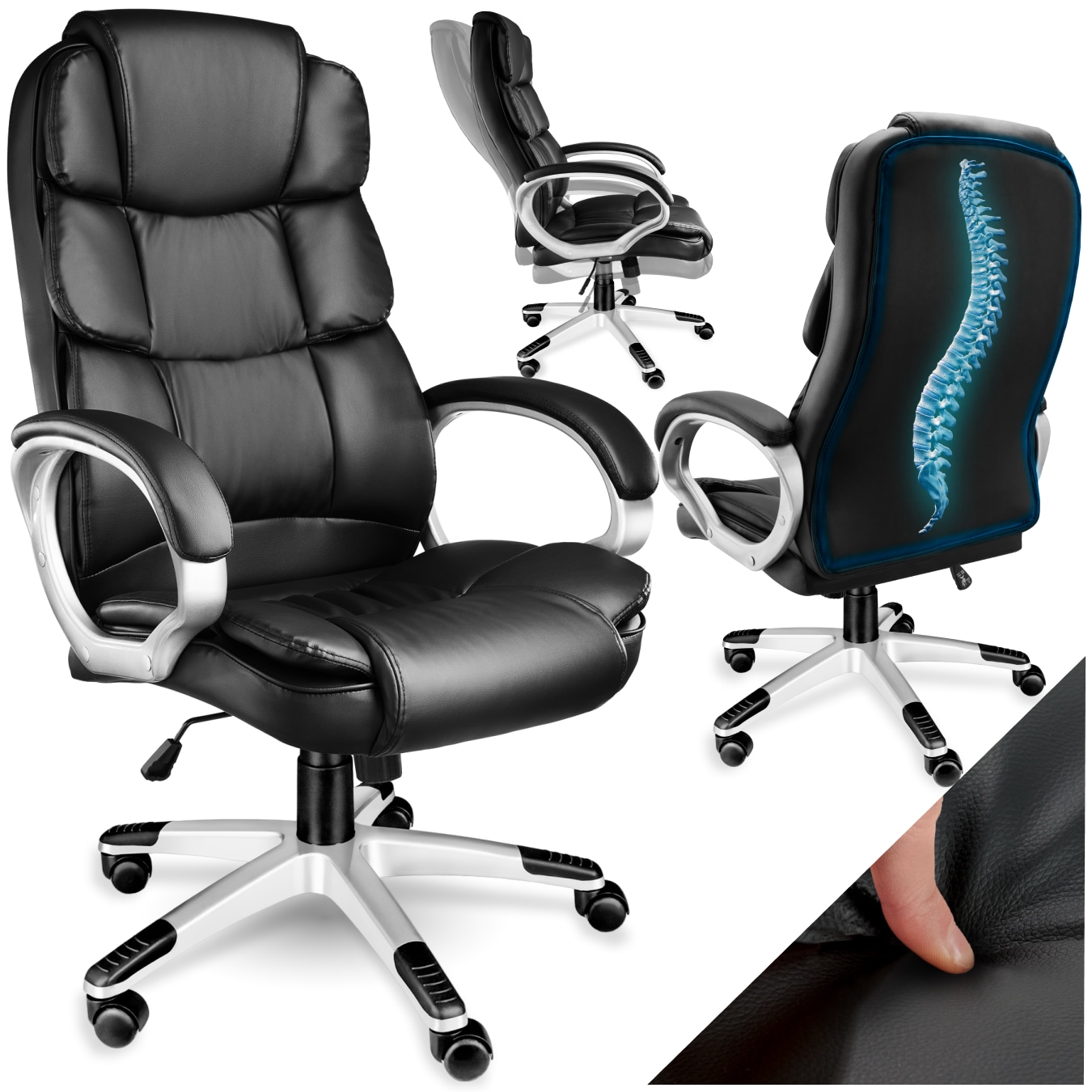 tectake&reg; B&uuml;rostuhl, 360&deg; drehbar und stufenlos h&ouml;henverstellbar, doppelte Polsterung mit Kunstlederbezug, einstellbare Wippfunktion 