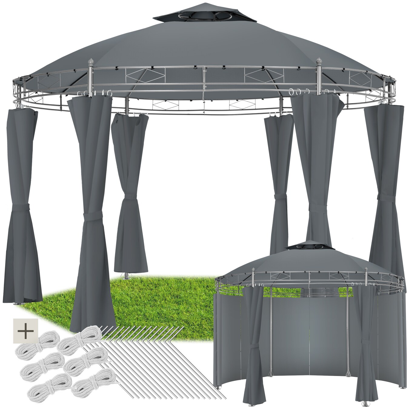 tectake&reg; Gartenpavillon, &Oslash; 3,5 m, Doppeldachsystem, inklusive Spannseilen und Heringen 