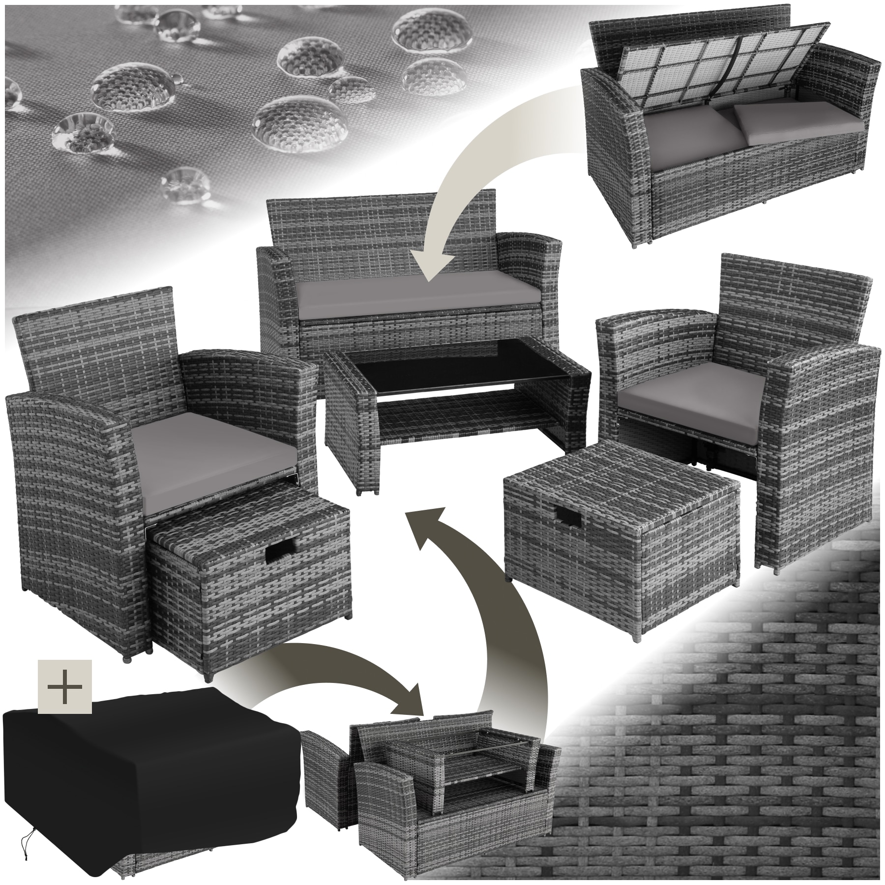 tectake&reg; Rattan Sitzgruppe, f&uuml;r 4 bis 6 Personen, UV-best&auml;ndig, inklusive Staufach und Schutzh&uuml;lle 