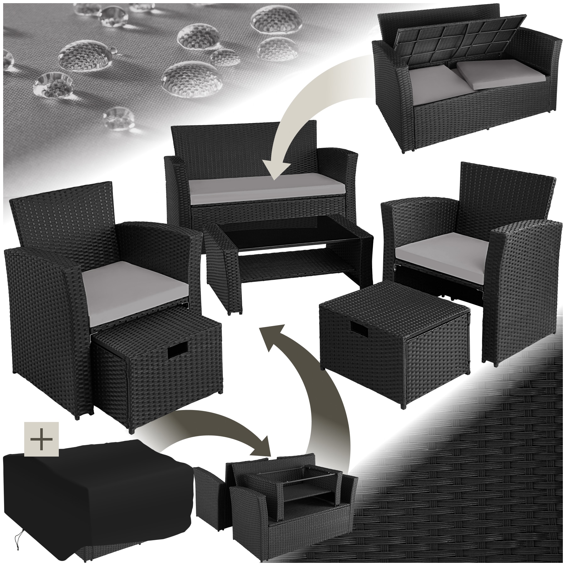 tectake&reg; Rattan Sitzgruppe, f&uuml;r 4 bis 6 Personen, UV-best&auml;ndig, inklusive Staufach und Schutzh&uuml;lle 