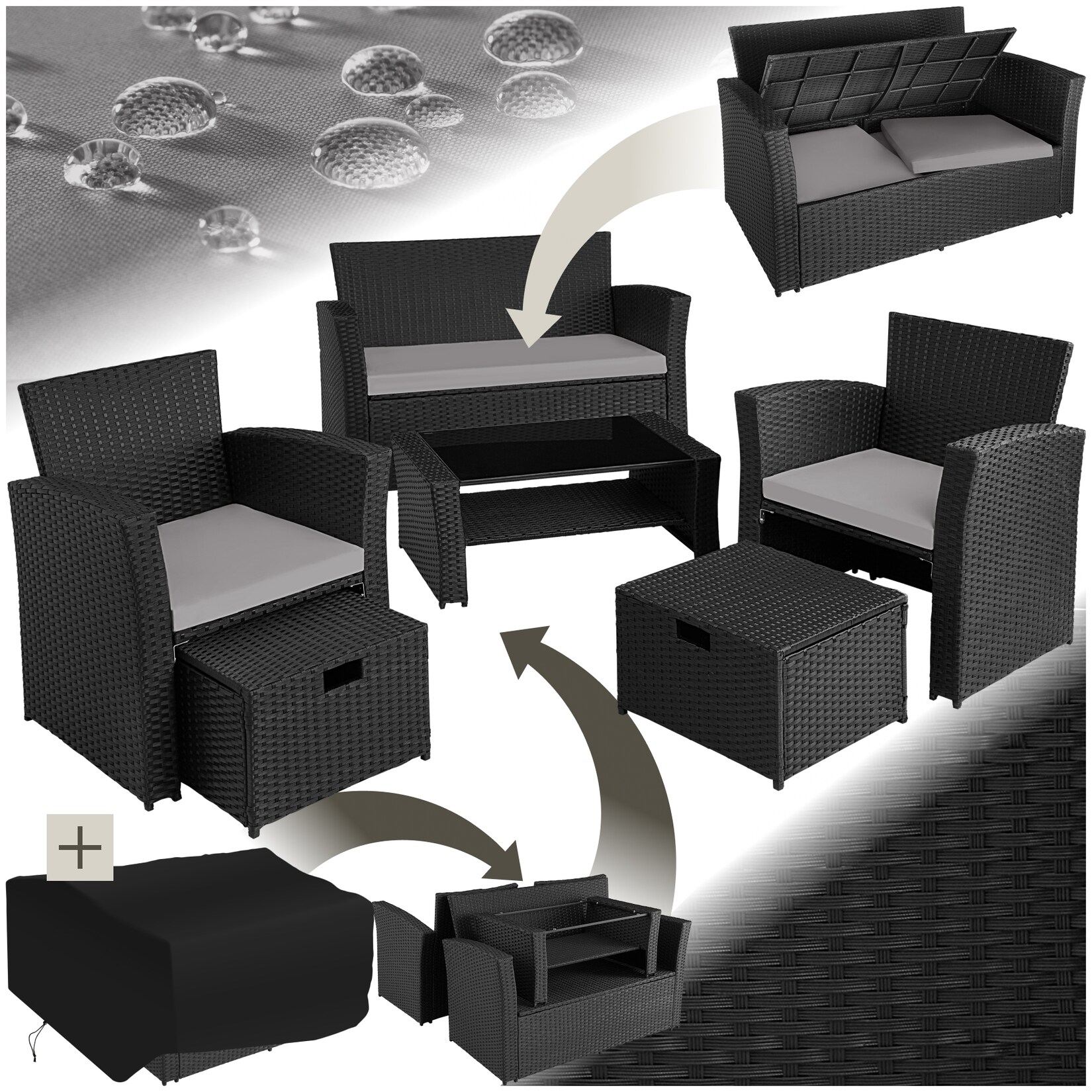 tectake® Rattan Sitzgruppe, für 4 bis 6 Personen, UV-beständig, inklusive Staufach und Schutzhülle