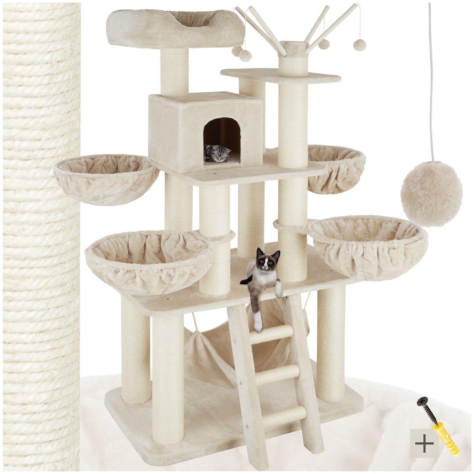 tectake® Kratzbaum, 195 cm, mit Katzenhaus, inklusive Treppe, 4 Spielbällen und Kippschutz