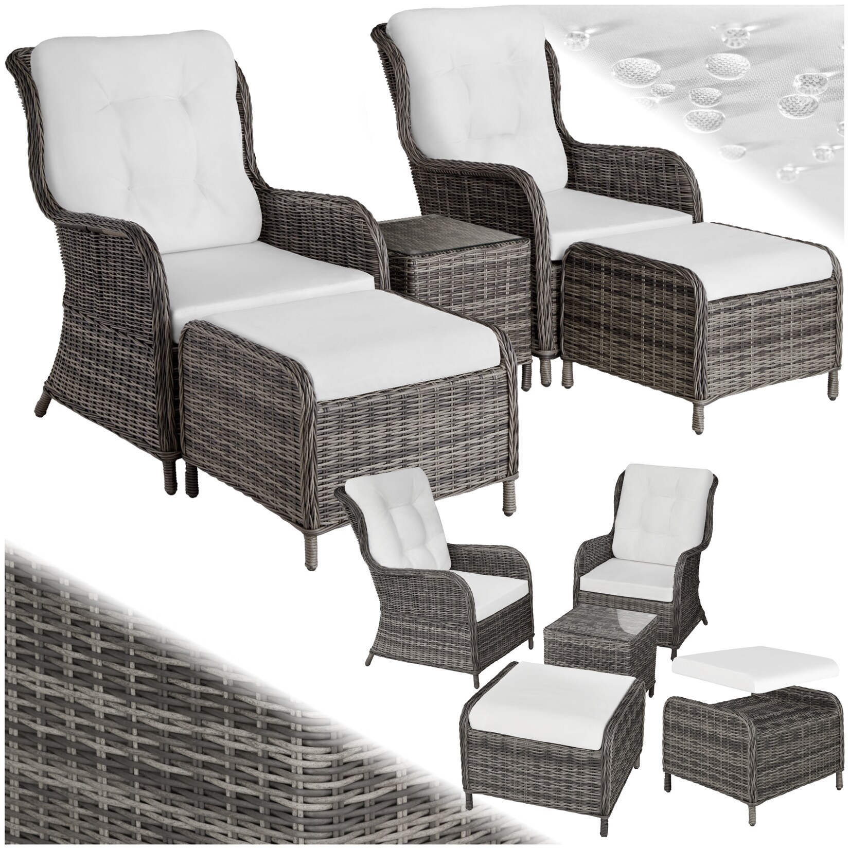 tectake® Aluminium Rattan Sitzgruppe, für 2 bis 4 Personen, Dicke der Sitzpolster 8,5 cm, mit Sicherheitsglasplatte, mit …