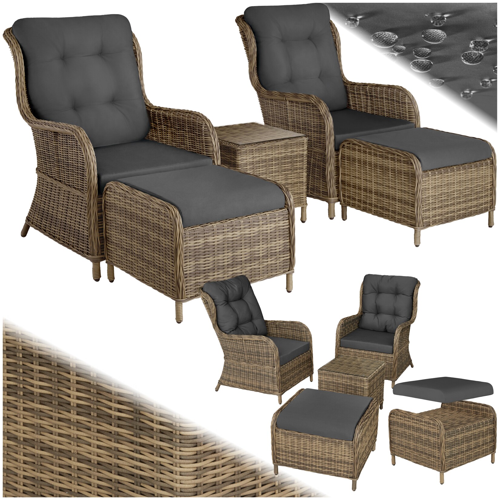 tectake® Aluminium Rattan Sitzgruppe, für 2 bis 4 Personen, Dicke der Sitzpolster 8,5 cm, mit Sicherheitsglasplatte, mit …