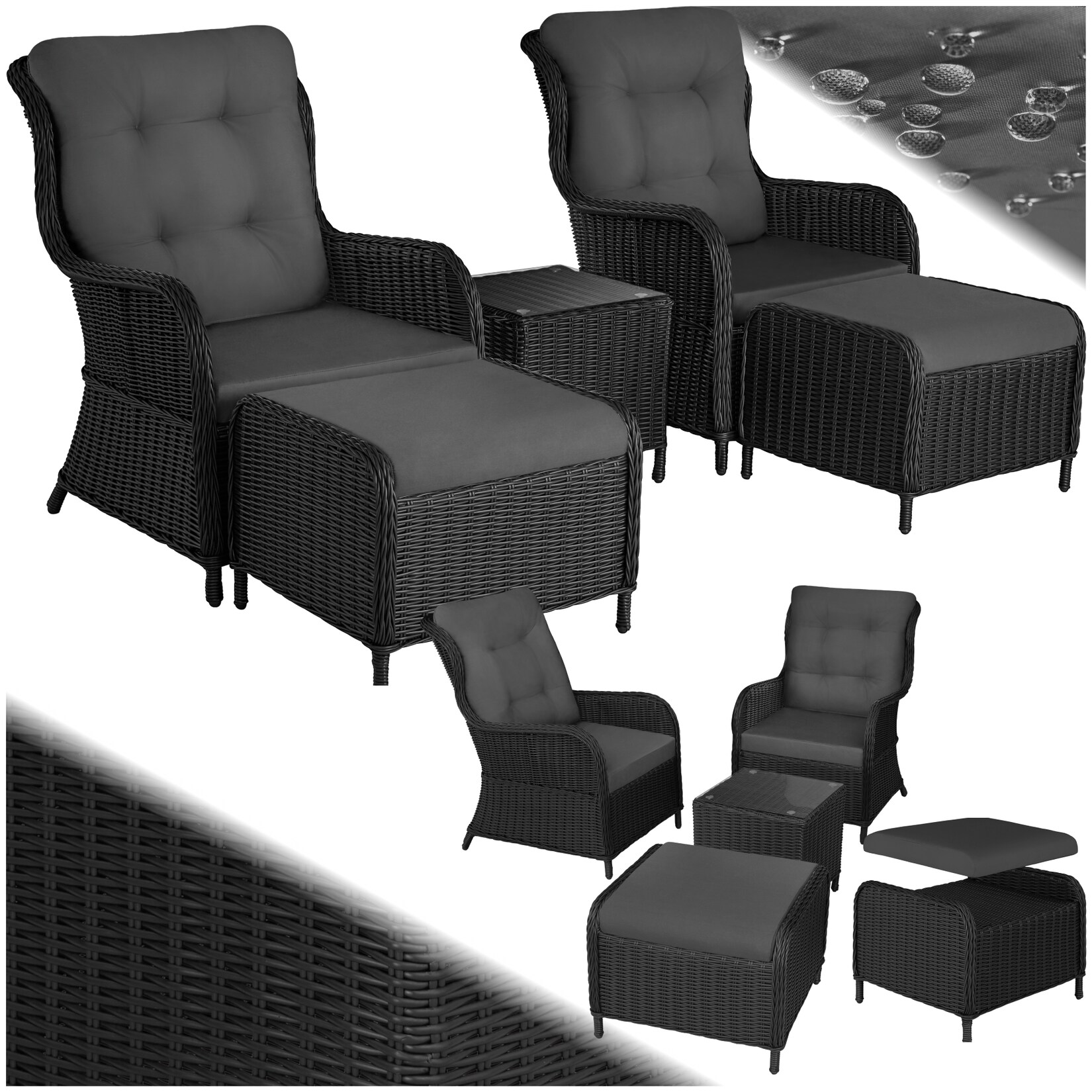 tectake® Aluminium Rattan Sitzgruppe, für 2 bis 4 Personen, Dicke der Sitzpolster 8,5 cm, mit Sicherheitsglasplatte, mit …