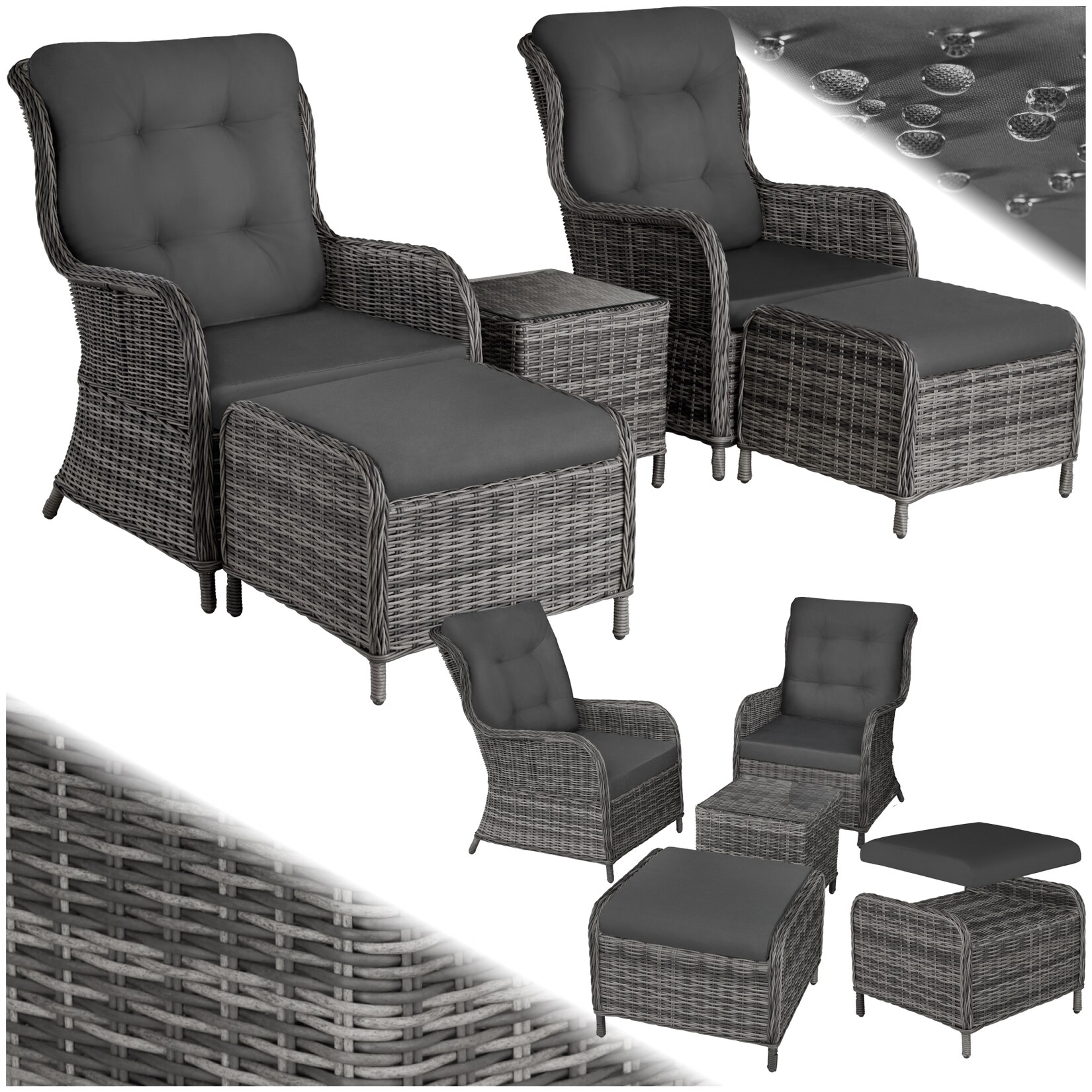 tectake® Aluminium Rattan Sitzgruppe, für 2 bis 4 Personen, Dicke der Sitzpolster 8,5 cm, mit Sicherheitsglasplatte, mit …