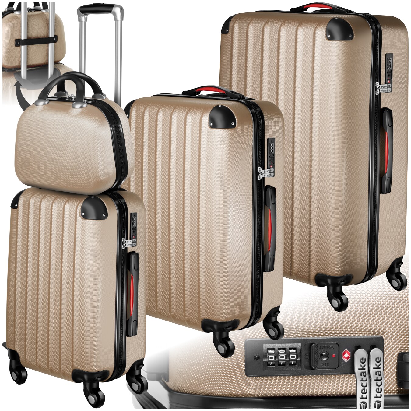 tectake&reg; Hartschalenkoffer-Set, 4-teilig, 3 Trolleys und Beauty-Case aus robustem ABS-Kunststoff, 360&deg; drehbare, abnehmbare Rollen, mit TSA-Zahlenschloss 