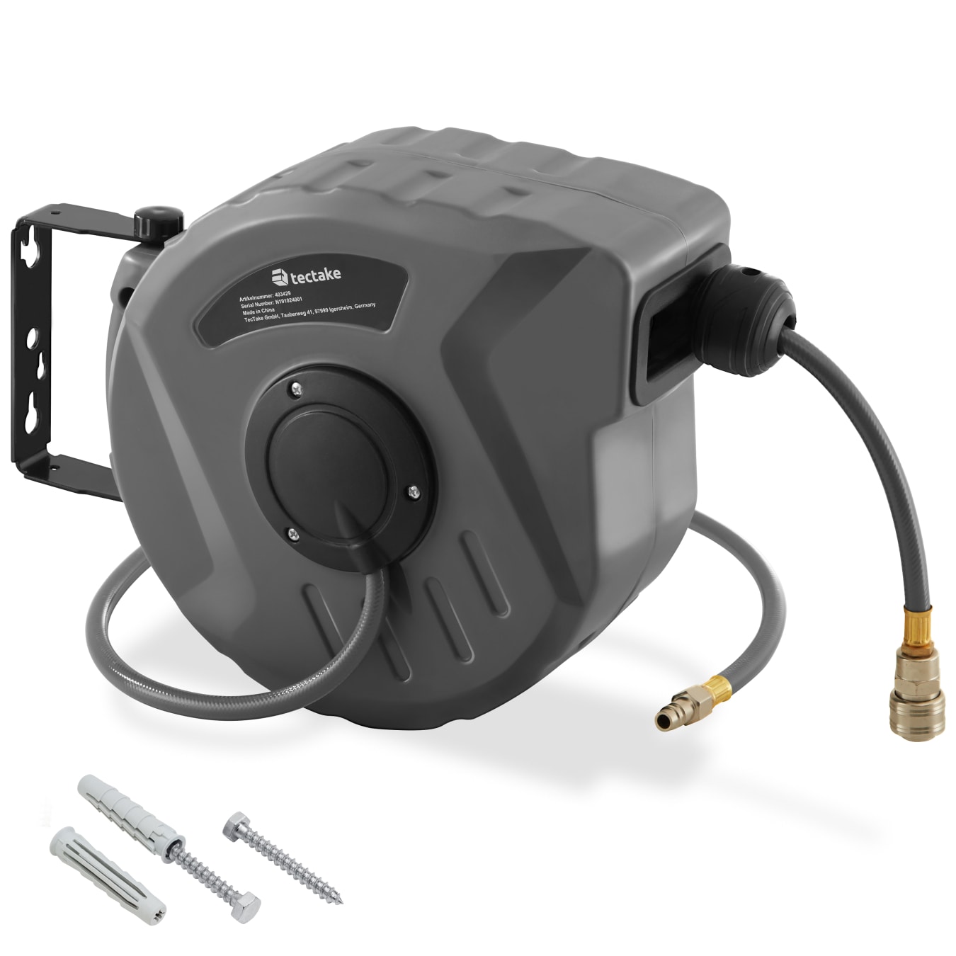 tectake&reg; Druckluftschlauch mit Trommel, mit &frac14; Zoll Schnellkupplung, Drehbereich 180&deg;, inklusive Montagematerial 