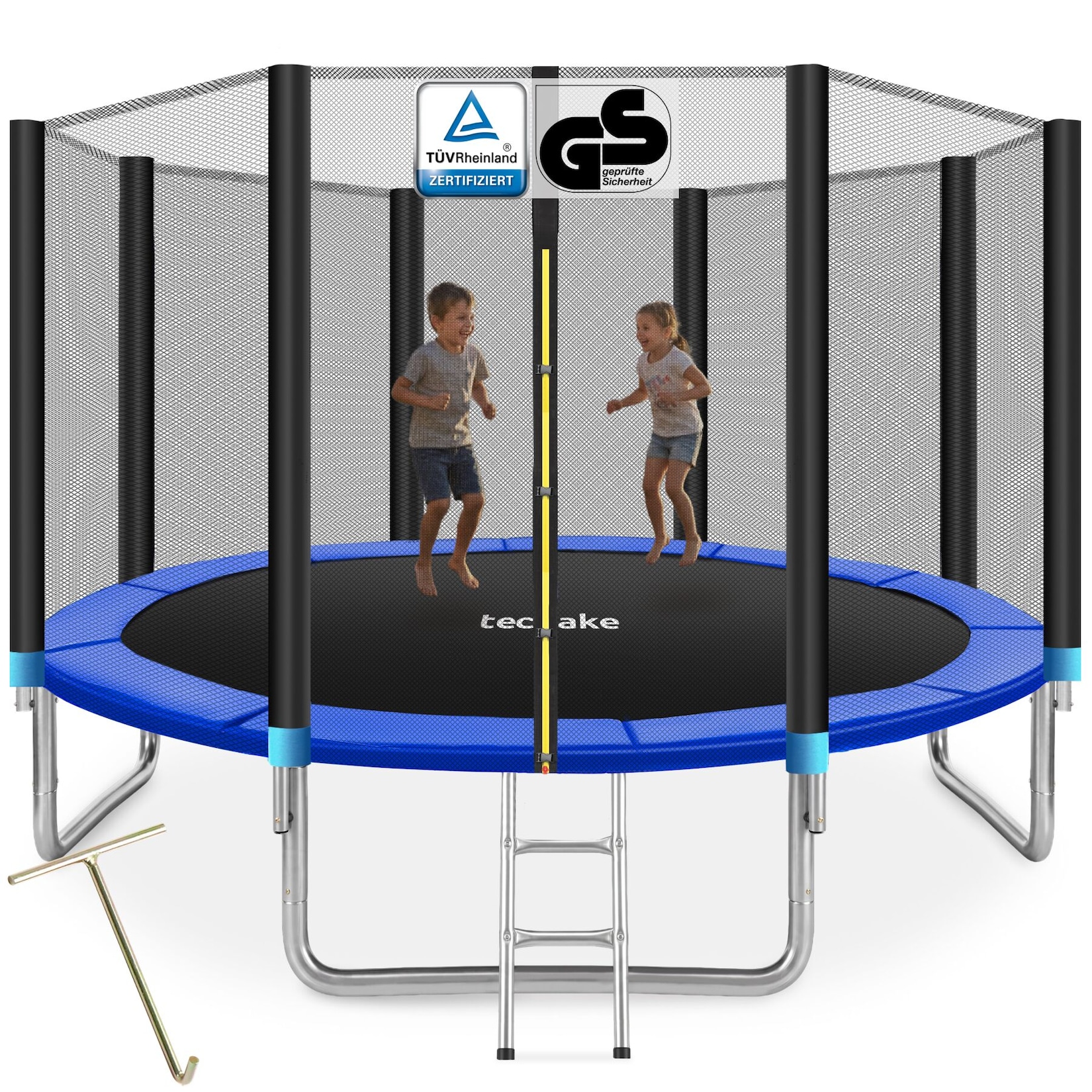 tectake® Trampolin, Ø 396 cm, GS zertifiziert, Randabdeckung, inklusive Einstiegsleiter
