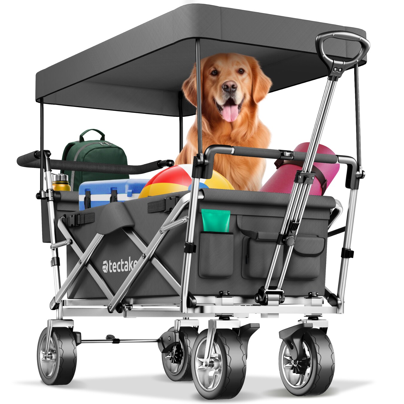 tectake&reg; Bollerwagen, faltbar, mit Dach, abnehmbarer Stoffeinsatz mit 6 Taschen, inklusive Tragetasche, Belastbarkeit 80 kg 