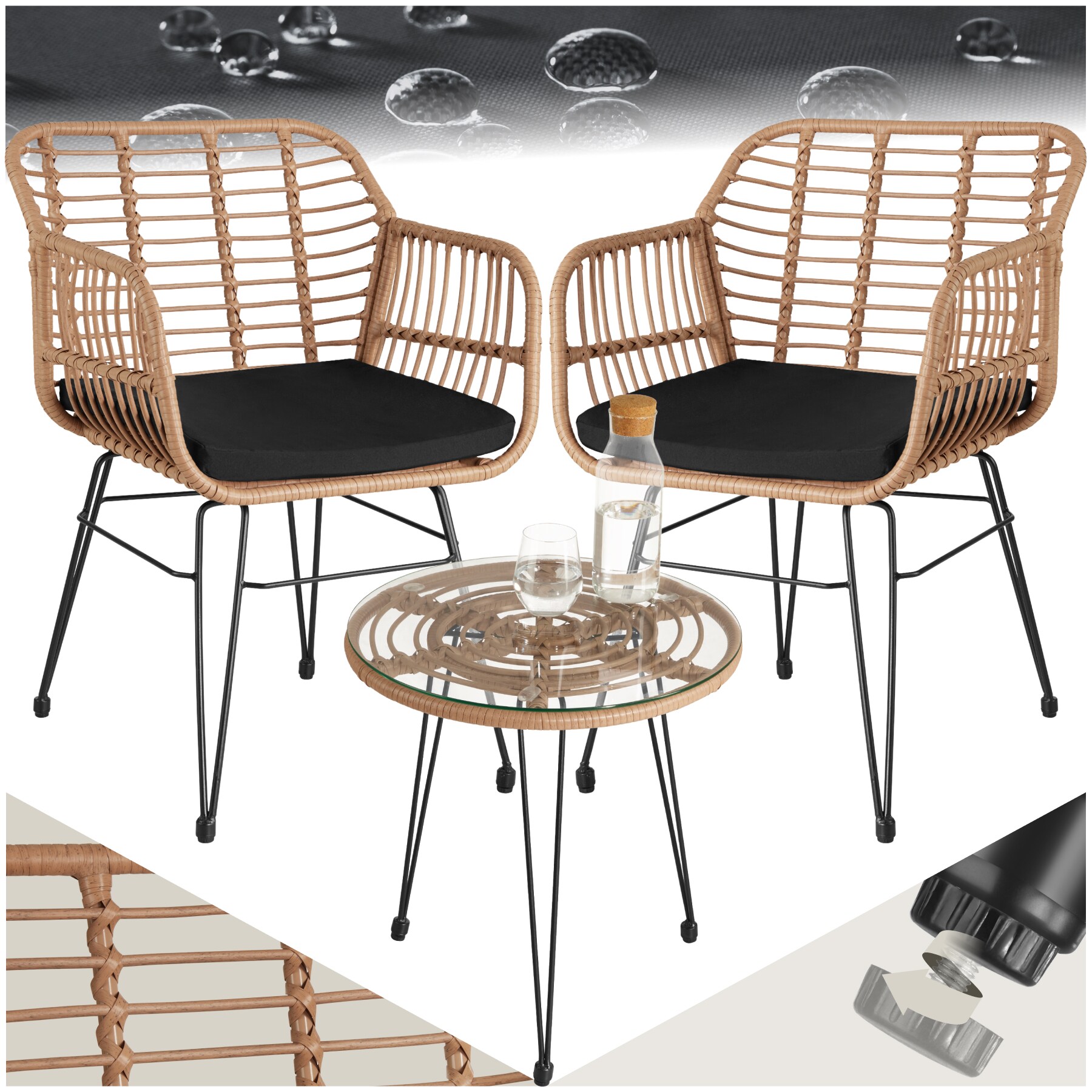 tectake&reg; Rattan Sitzgruppe, f&uuml;r 2 Personen, UV-best&auml;ndig, filigranes Design 