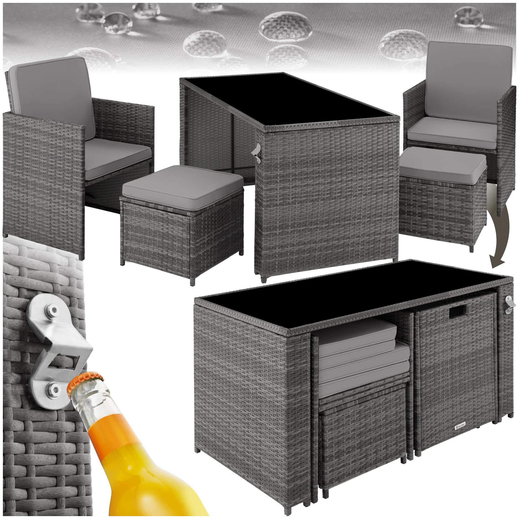 tectake&reg; Rattan Sitzgruppe, f&uuml;r 2 bis 4 Personen, UV-best&auml;ndig, inklusive Flaschen&ouml;ffner, zusammenschiebbar 