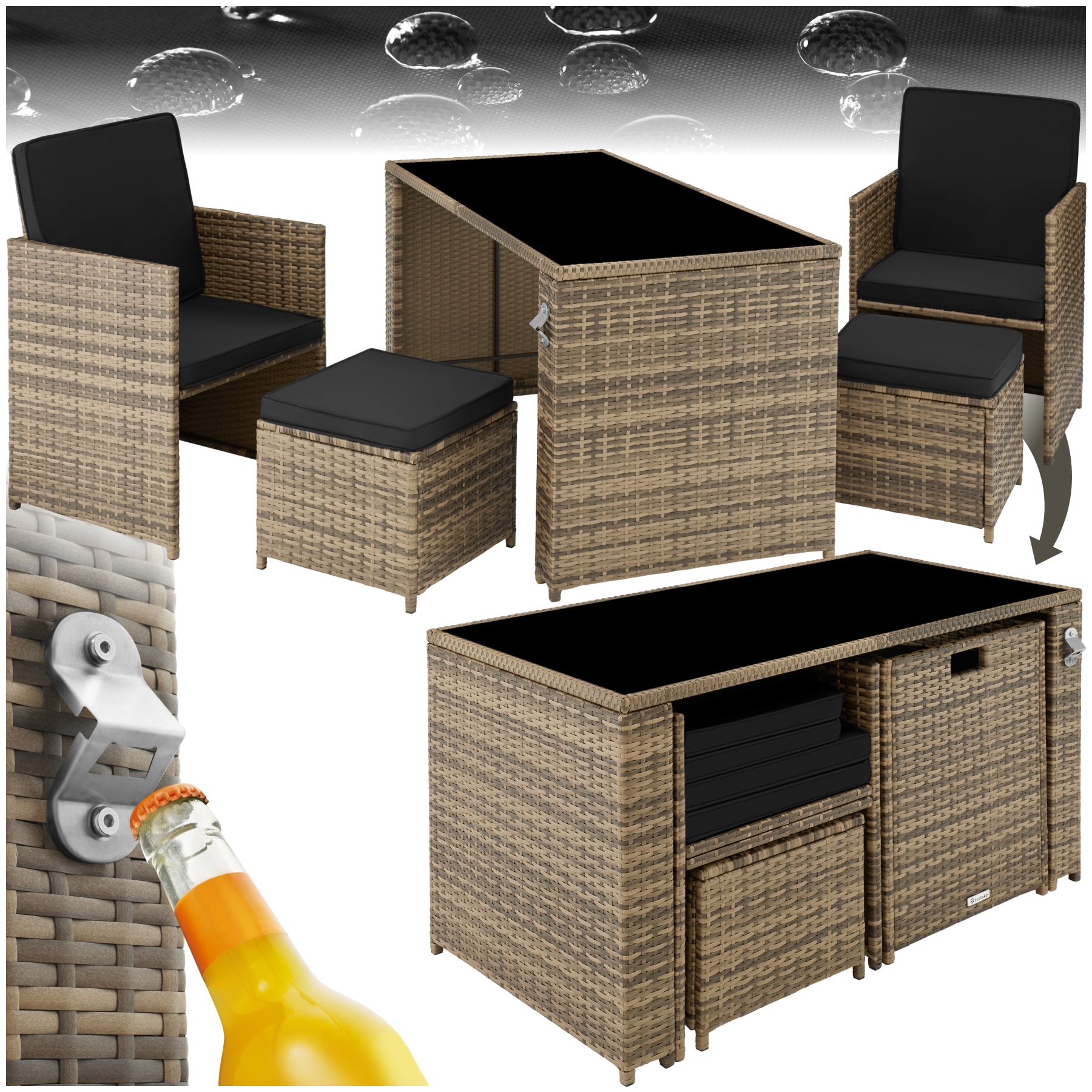 tectake&reg; Rattan Sitzgruppe, f&uuml;r 2 bis 4 Personen, UV-best&auml;ndig, inklusive Flaschen&ouml;ffner, zusammenschiebbar 