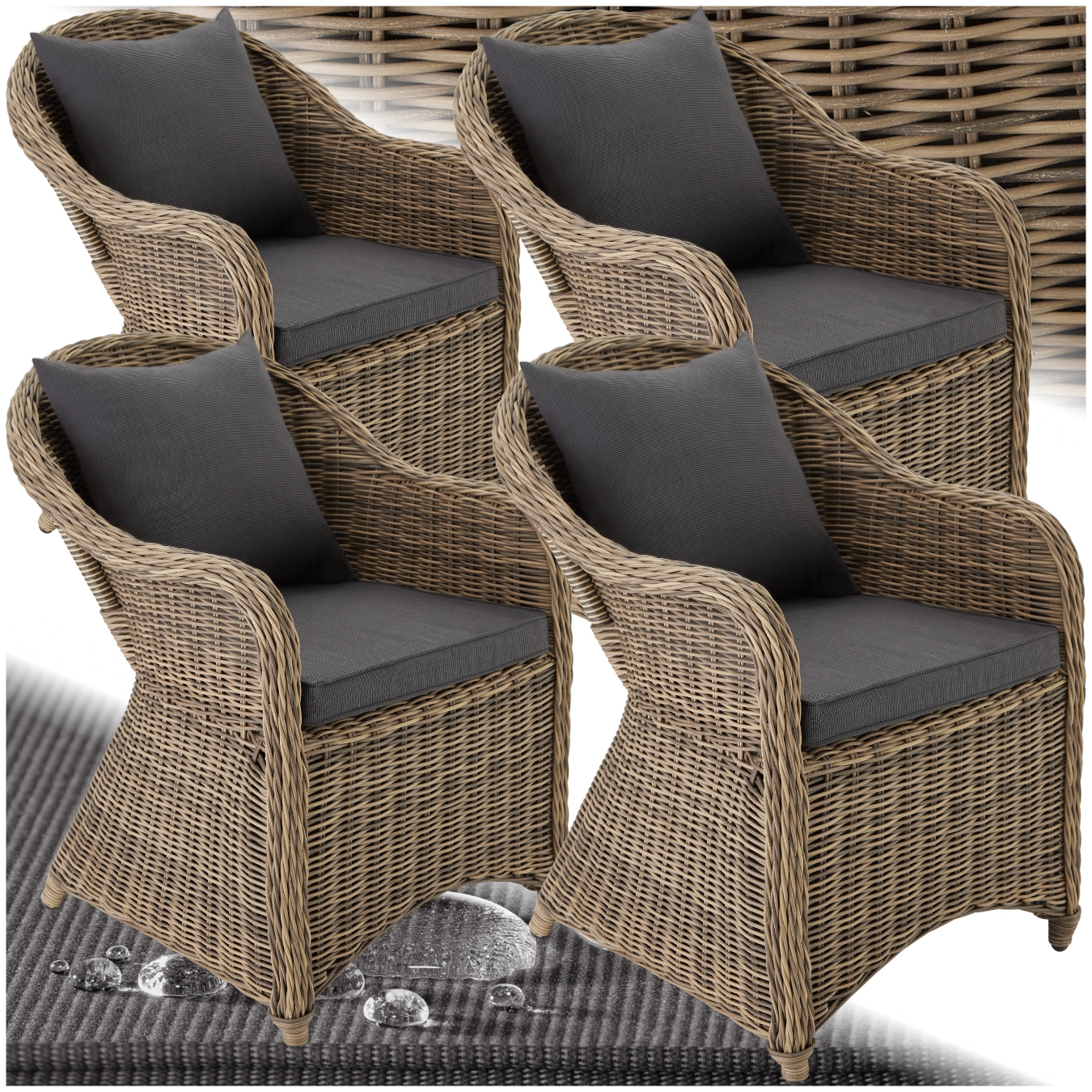 tectake&reg; 4er Set Rattansessel, mit Aluminiumgestell, nat&uuml;rlich nachempfundenes Geflecht, 71 x 60 x 84 cm 