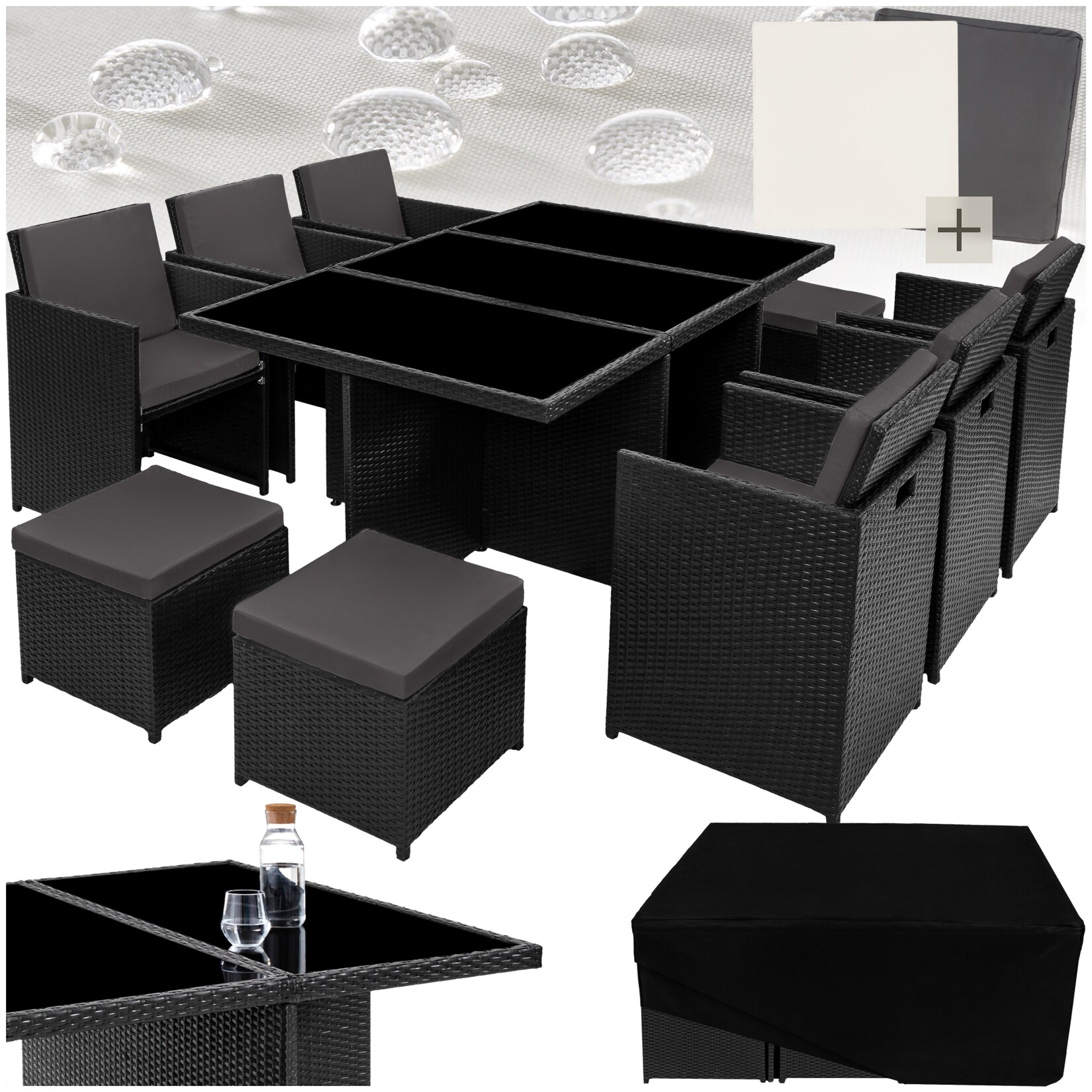 tectake® Aluminium Rattan Sitzgruppe, wetterfest und UV-beständig, für 6 bis 10 Personen, zusammenschiebbar, inklusive Schutzhülle