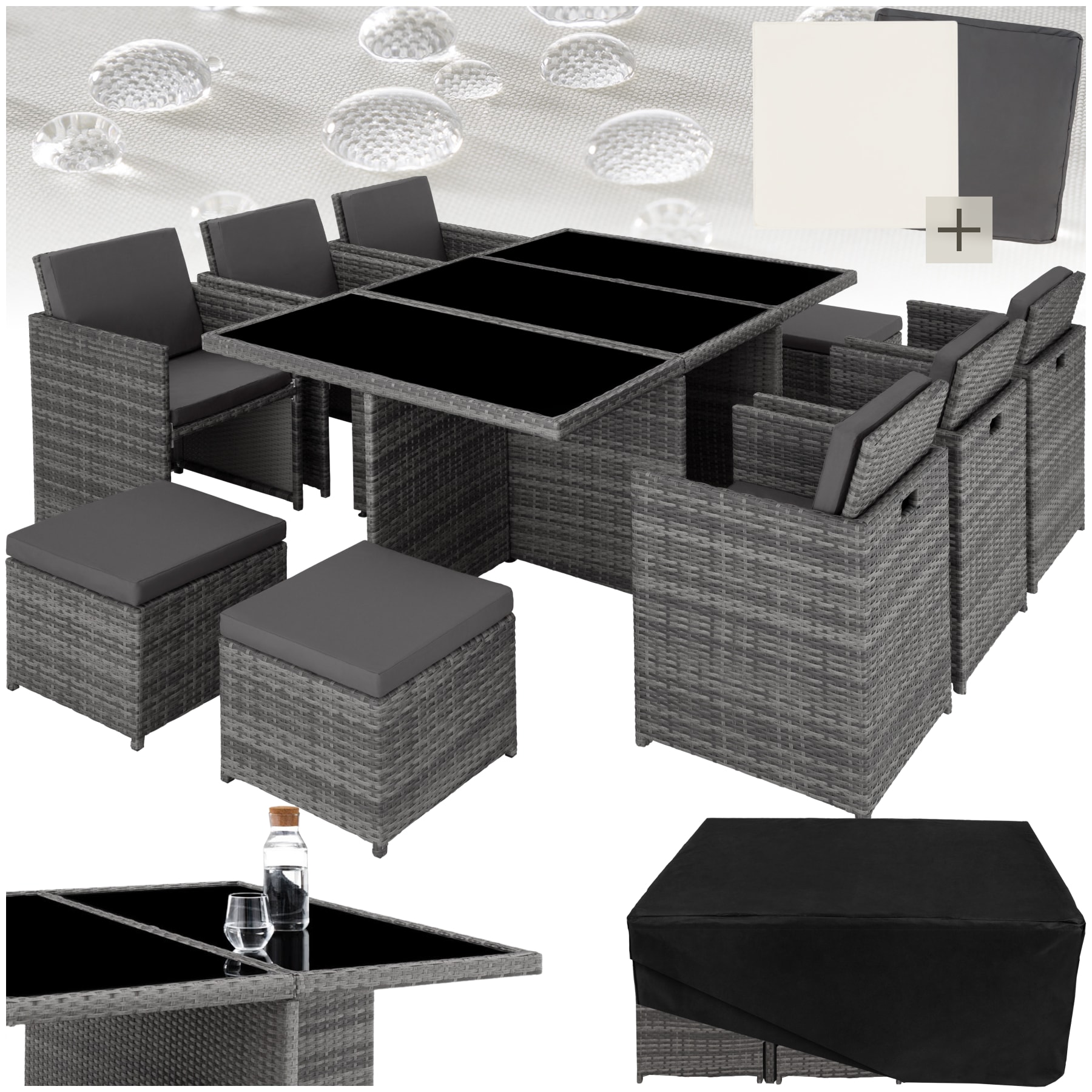 tectake&reg; Aluminium Rattan Sitzgruppe, wetterfest und UV-best&auml;ndig, f&uuml;r 6 bis 10 Personen, zusammenschiebbar, inklusive Schutzh&uuml;lle 