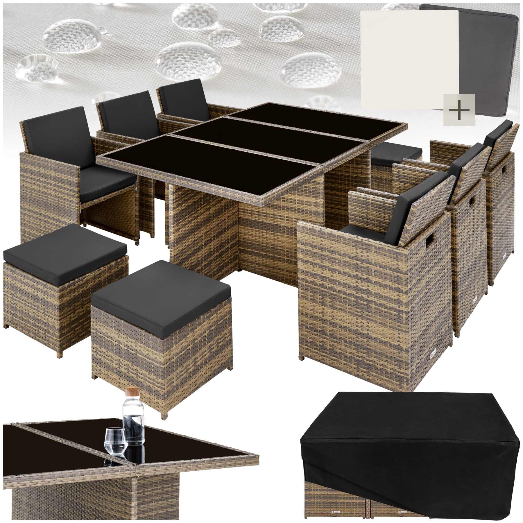 tectake&reg; Aluminium Rattan Sitzgruppe, wetterfest und UV-best&auml;ndig, f&uuml;r 6 bis 10 Personen, zusammenschiebbar, inklusive Schutzh&uuml;lle 