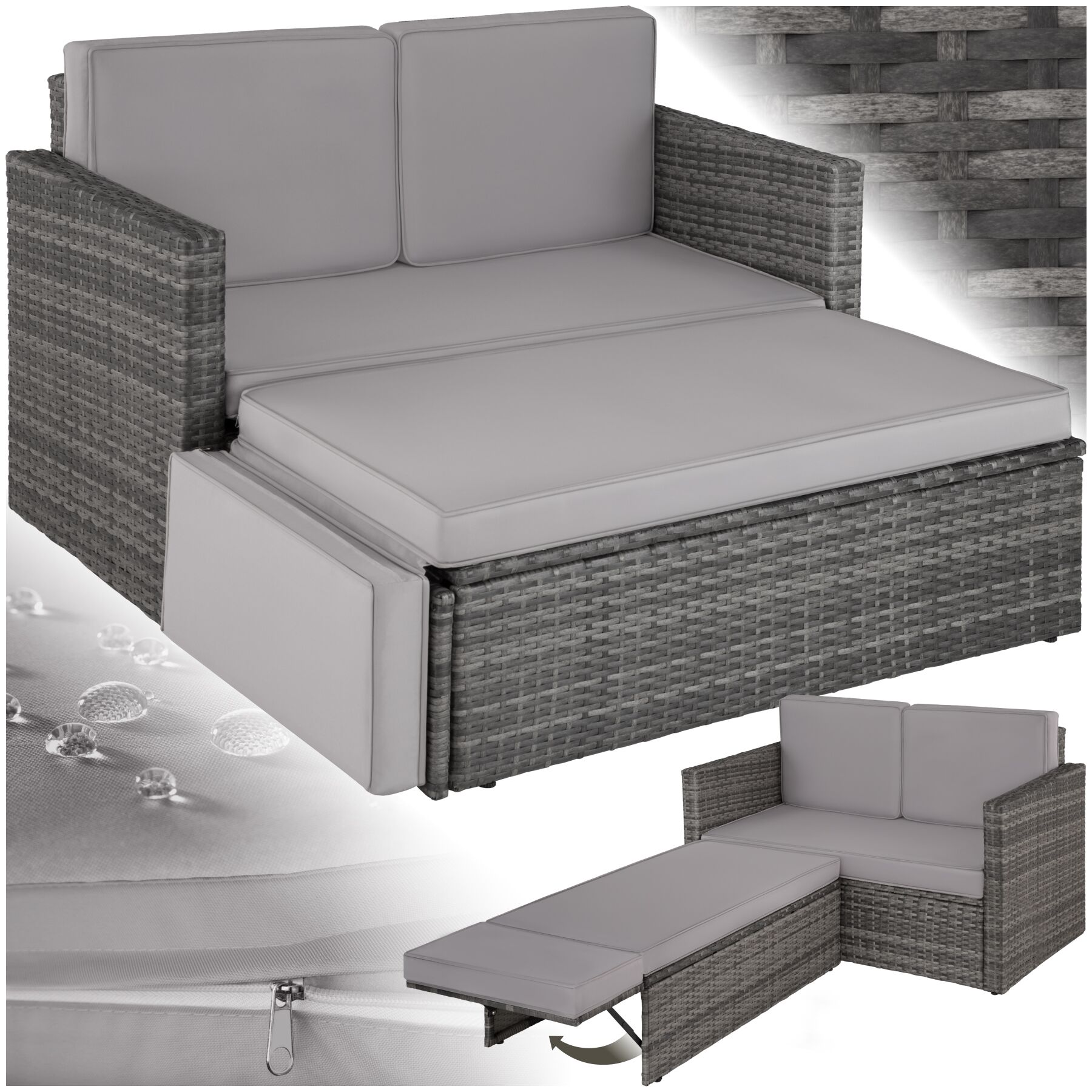 tectake&reg; Rattan Lounge, 2-Sitzer, UV-best&auml;ndig, Hocker mit klappbarer St&uuml;tze 