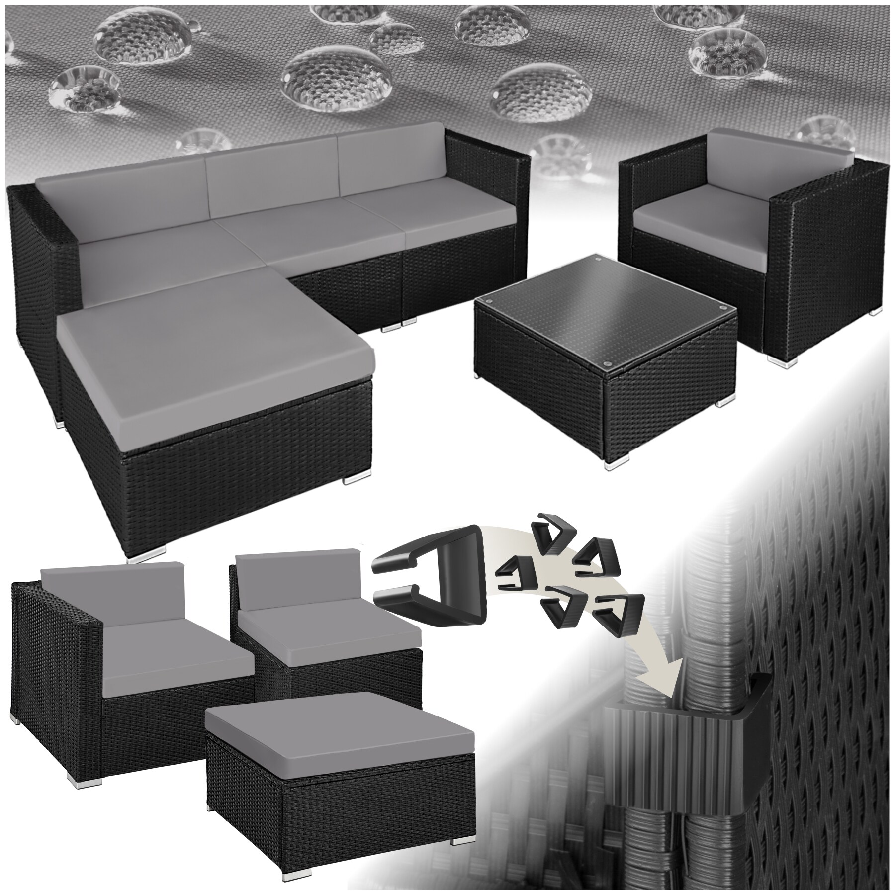 tectake&reg; Rattan Lounge, f&uuml;r 4 bis 5 Personen, UV-best&auml;ndig, mit Sicherheitsglasplatte 