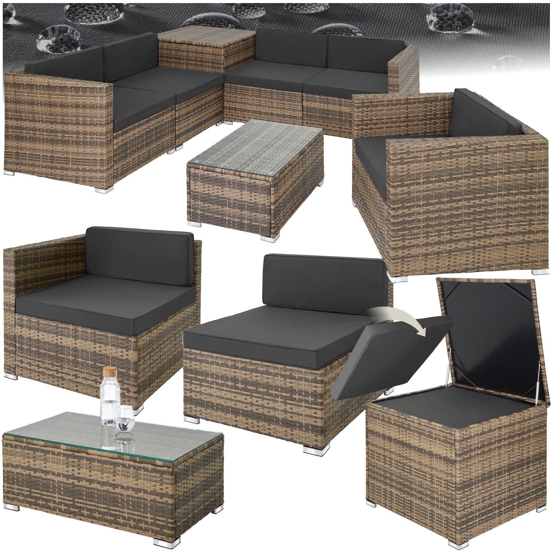 tectake&reg; Rattan Lounge, f&uuml;r 5 Personen, Dicke der Polster 8 cm, inklusive gro&szlig;er Aufbewahrungsbox 