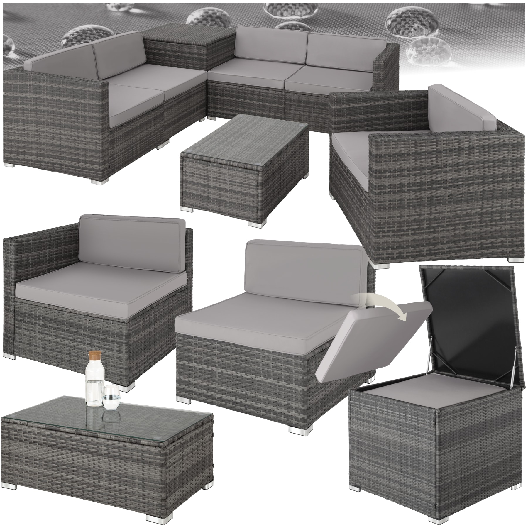 tectake&reg; Rattan Lounge, f&uuml;r 5 Personen, Dicke der Polster 8 cm, inklusive gro&szlig;er Aufbewahrungsbox 