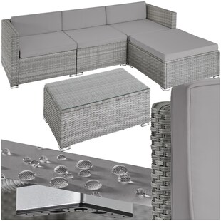 tectake® Rattan Lounge, für 3 bis 4 Personen, UV-beständig, mit Sicherheitsglasplatte 
