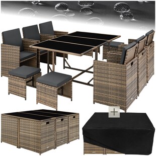 tectake® Rattan Sitzgruppe, für 6 bis 10 Personen, UV-beständig, zusammenschiebbar, inklusive Schutzhülle 
