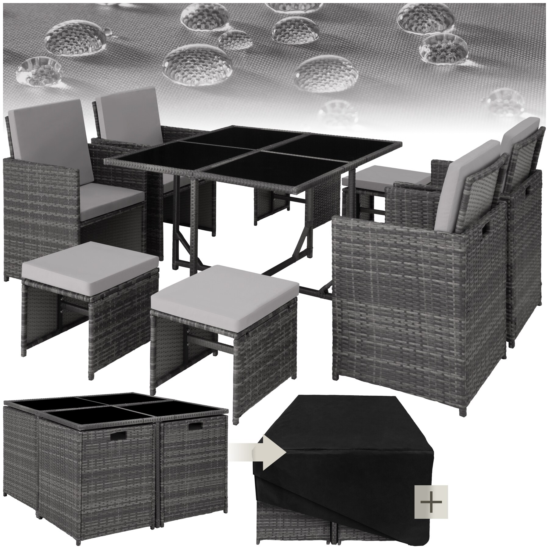 tectake&reg; Rattan Sitzgruppe, f&uuml;r 4 bis 8 Personen, UV-best&auml;ndig, zusammenschiebbar, inklusive Schutzh&uuml;lle 