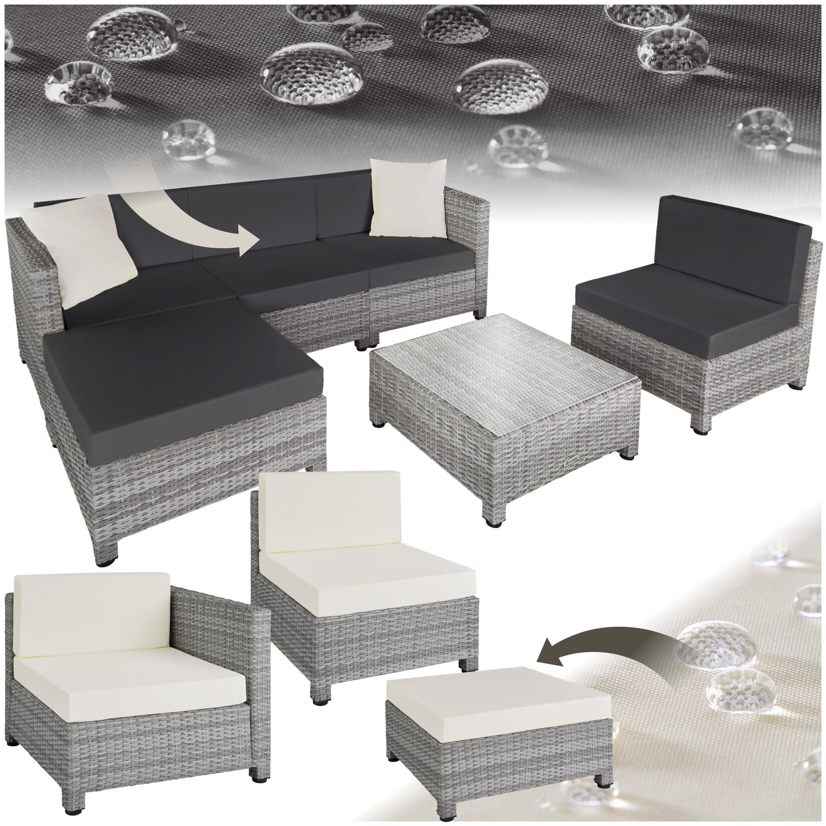 tectake® Rattan Lounge, mit Aluminiumgestell, wetterfest und UV-beständig, mit Sicherheitsglasplatte