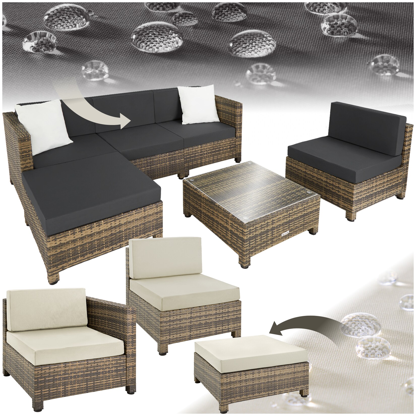 tectake® Rattan Lounge, mit Aluminiumgestell, wetterfest und UV-beständig, mit Sicherheitsglasplatte