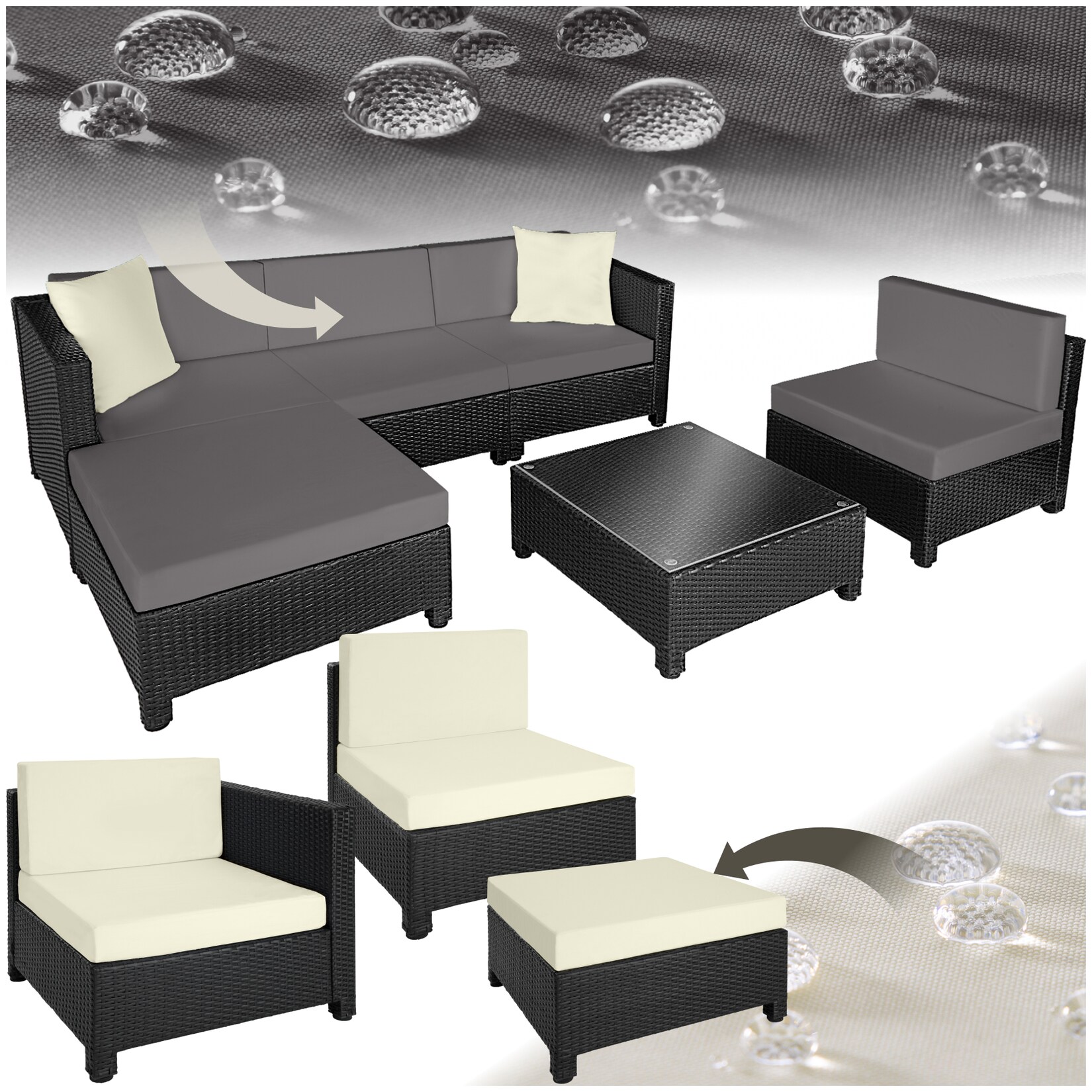 tectake® Rattan Lounge, mit Aluminiumgestell, wetterfest und UV-beständig, mit Sicherheitsglasplatte