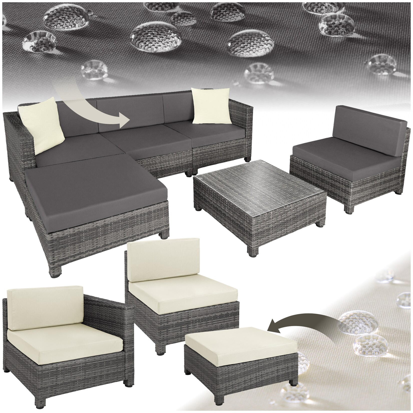 tectake® Rattan Lounge, mit Aluminiumgestell, wetterfest und UV-beständig, mit Sicherheitsglasplatte