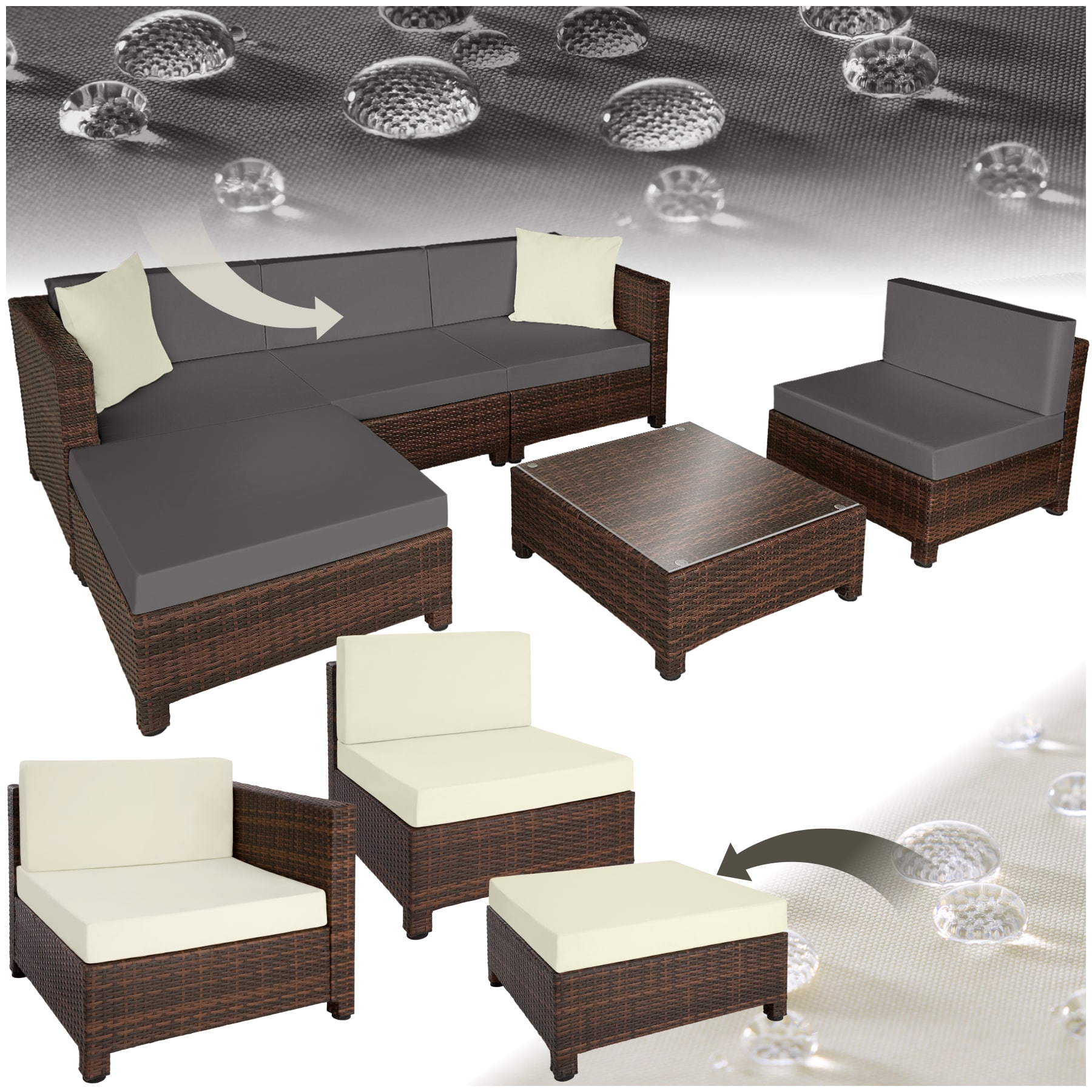 tectake&reg; Rattan Lounge, mit Aluminiumgestell, wetterfest und UV-best&auml;ndig, mit Sicherheitsglasplatte 