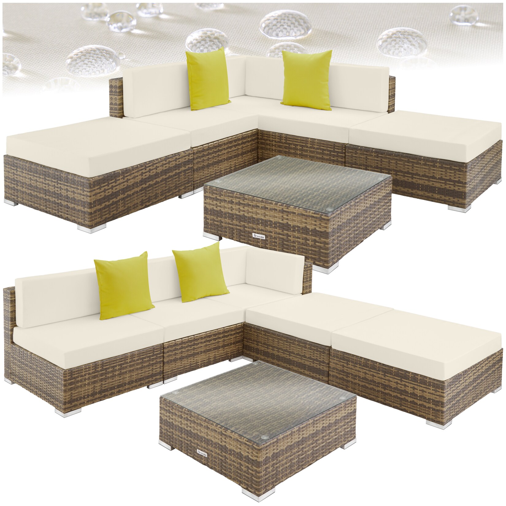tectake® Aluminium Rattan Lounge, wetterfest und UV-beständig, 2 extra Kissen, mit Sicherheitsglasplatte