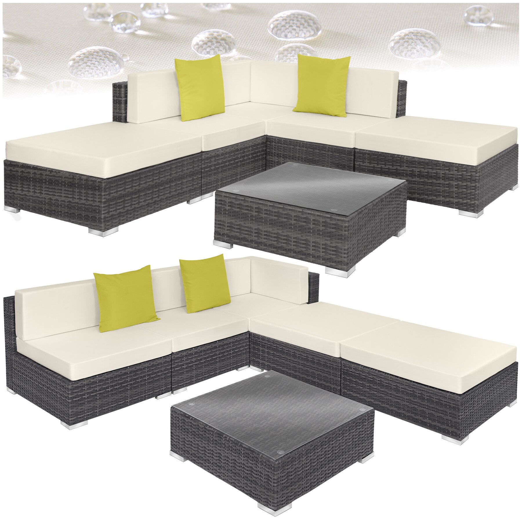 tectake&reg; Aluminium Rattan Lounge, wetterfest und UV-best&auml;ndig, 2 extra Kissen, mit Sicherheitsglasplatte 