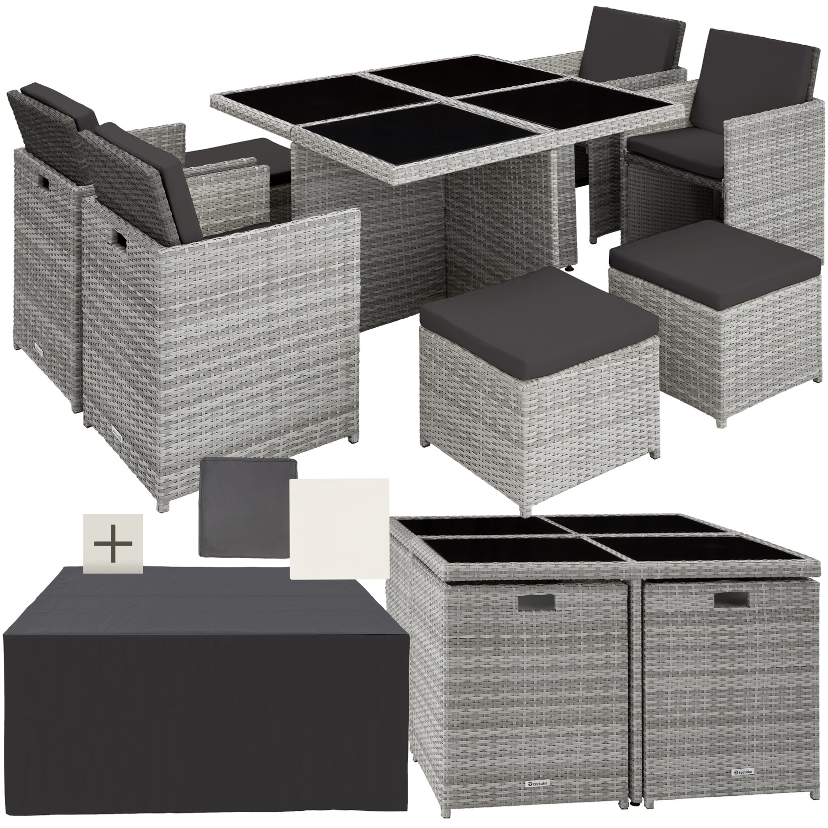 tectake® Aluminium Rattan Sitzgruppe, wetterfest und UV-beständig, für 4 bis 8 Personen, zusammenschiebbar, inklusive Schutzhülle