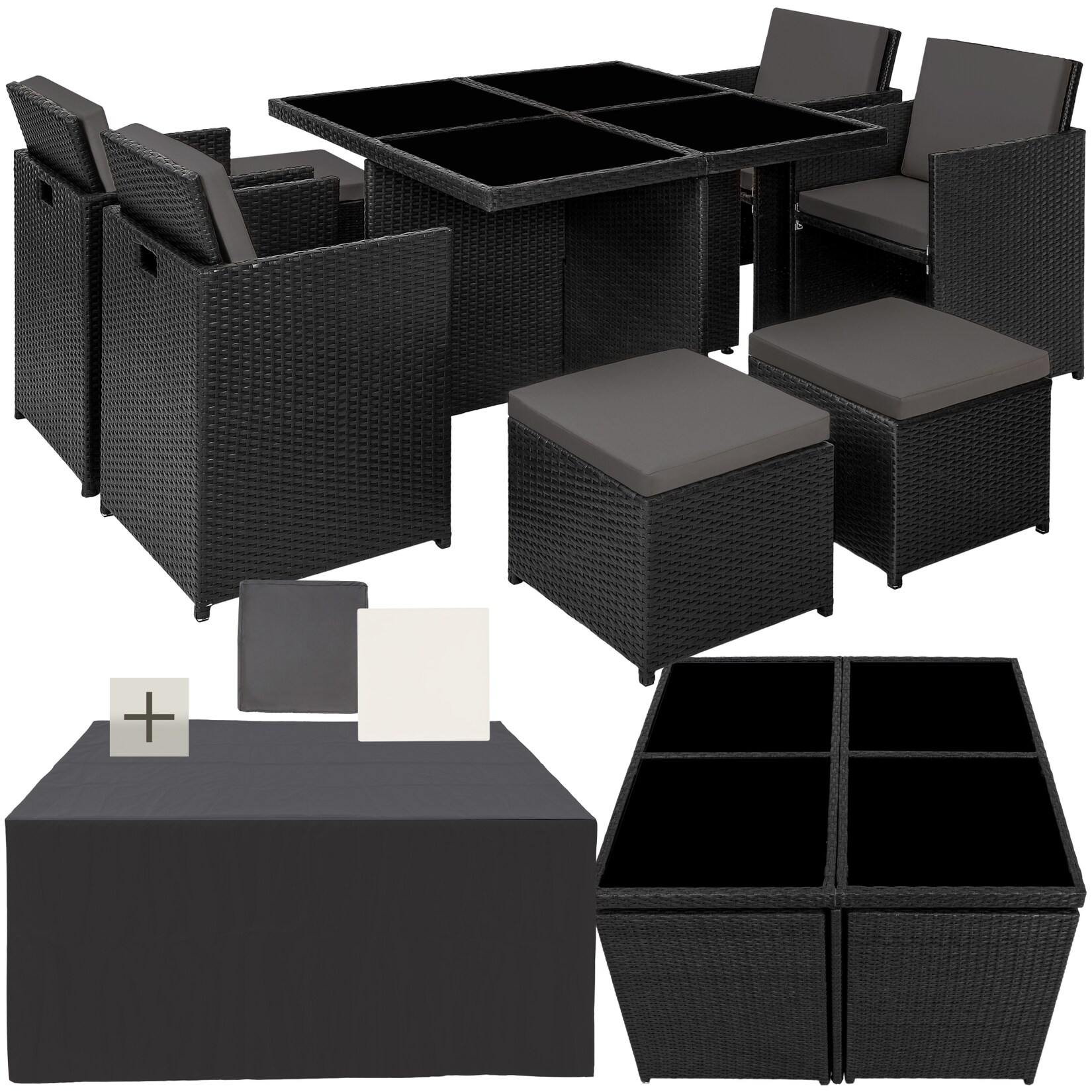 tectake® Aluminium Rattan Sitzgruppe, wetterfest und UV-beständig, für 4 bis 8 Personen, zusammenschiebbar, inklusive Schutzhülle