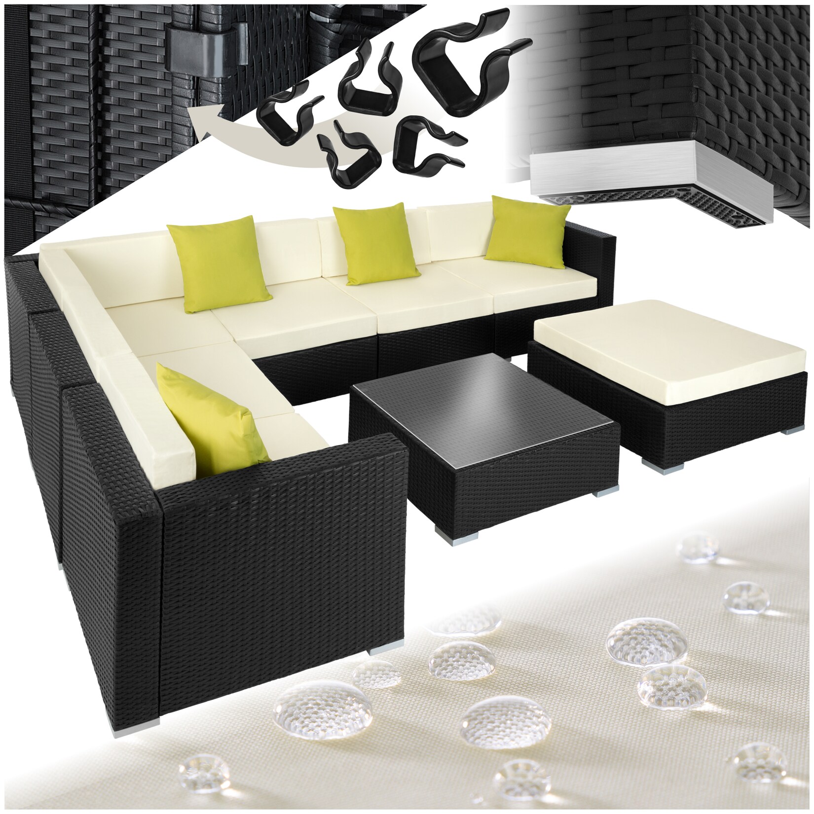 tectake® Aluminium Rattan Lounge, wetterfest und UV-beständig, 4 extra Kissen und UV-beständig, mit Sicherheitsglasplatte