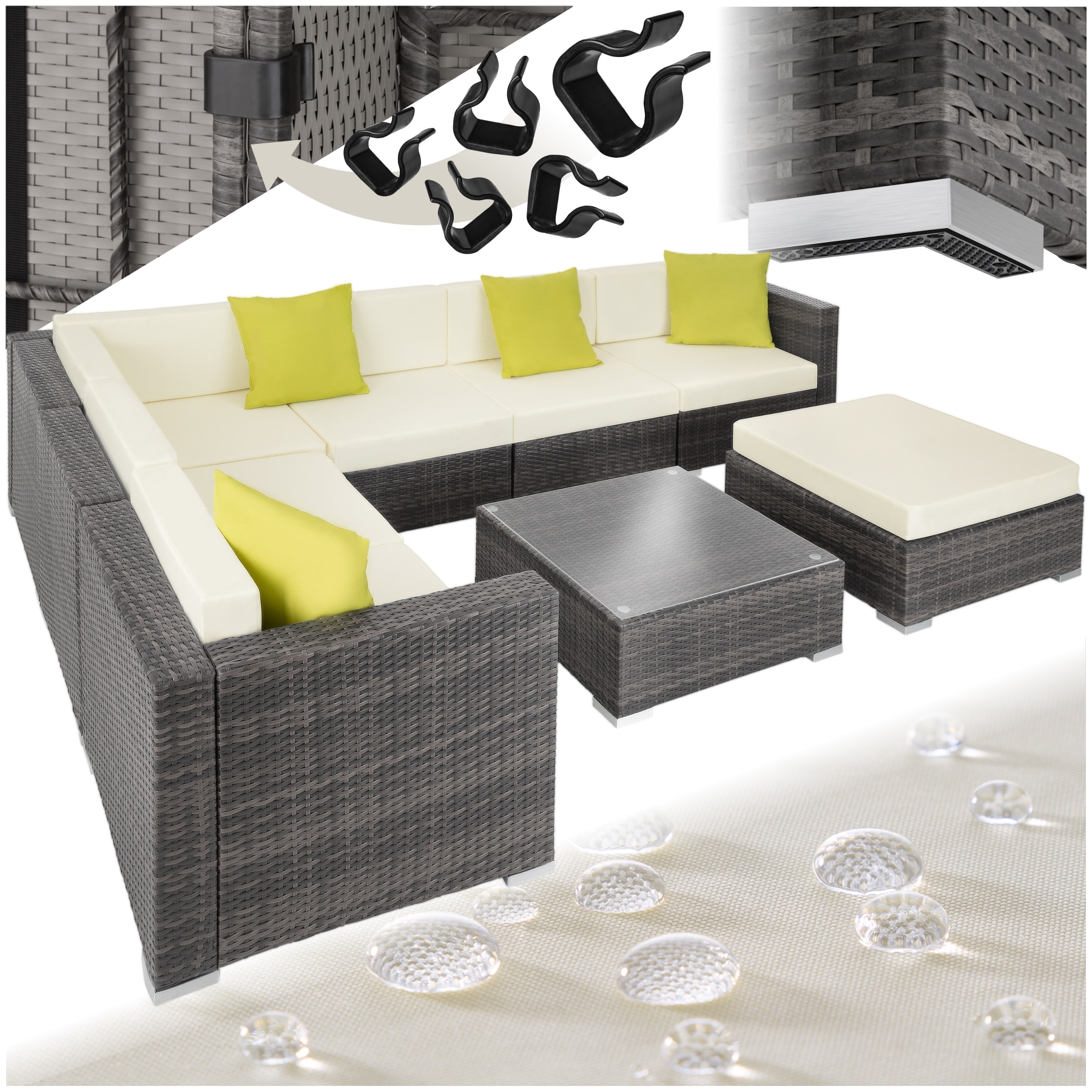 tectake&reg; Rattan Lounge, mit Aluminiumgestell, wetterfest und UV-best&auml;ndig, mit Sicherheitsglasplatte 
