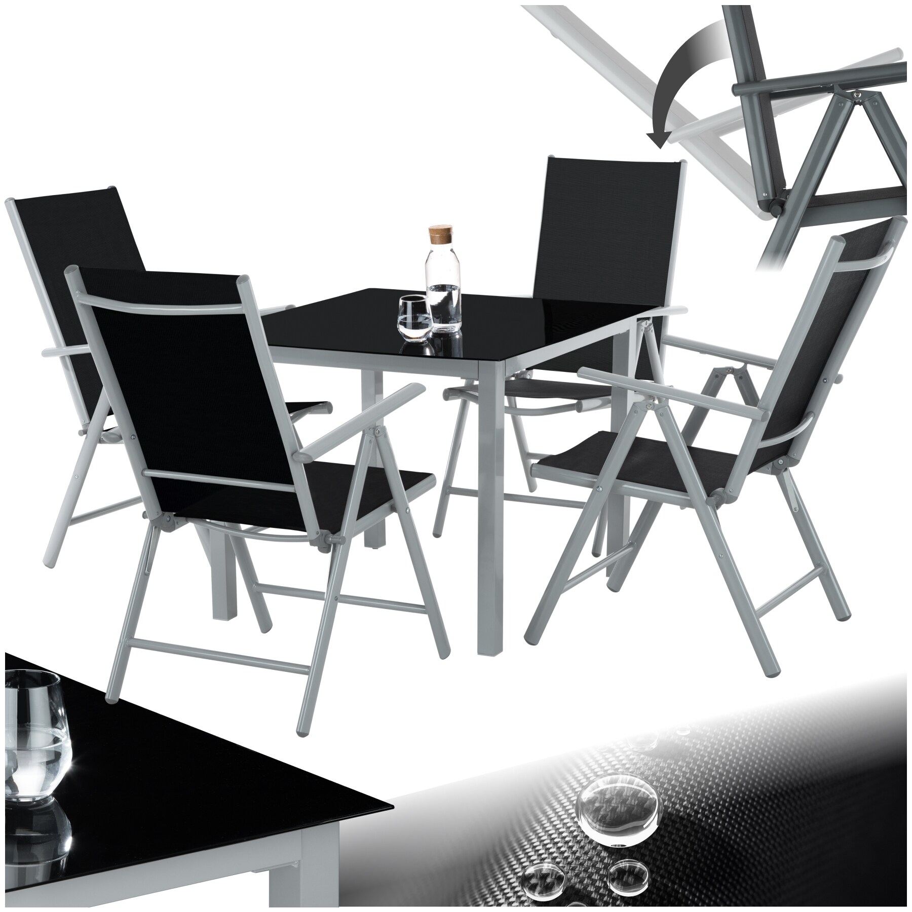 tectake&reg; Aluminium Sitzgruppe, wetterfest und UV-best&auml;ndig, atmungsaktives Textilene-Gewebe, Tisch mit Sicherheitsglasplatte und Ausgleichsschrauben 