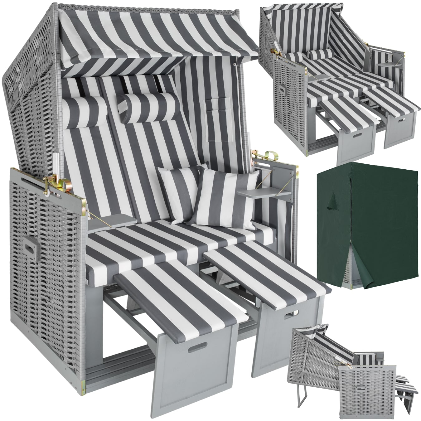 tectake&reg; Strandkorb, gepolstert mit ausziehbaren Fu&szlig;b&auml;nkchen, klappbare Seitentische und weitere Extras, 115 x 158 x 78 cm 