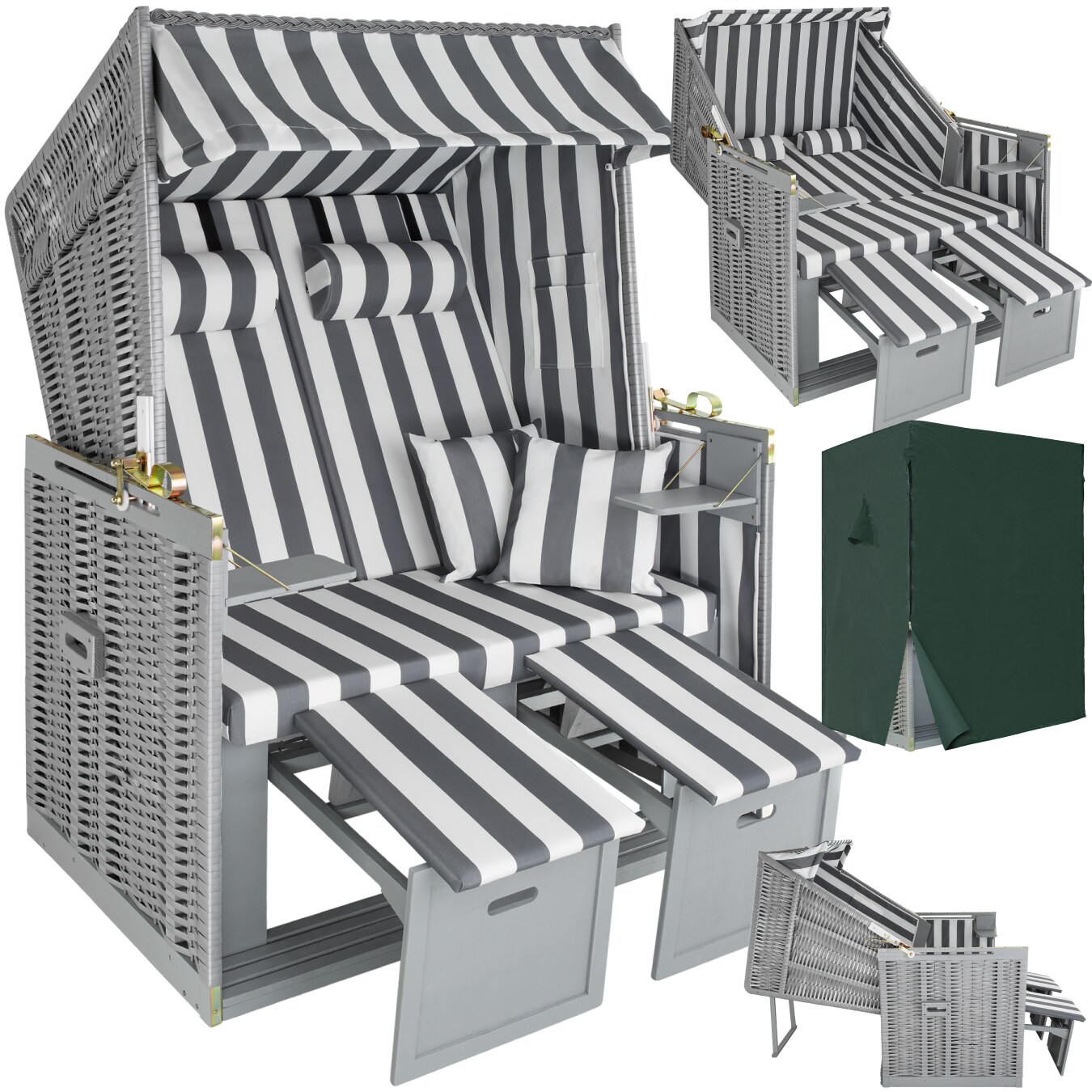 tectake® Strandkorb, gepolstert mit ausziehbaren Fußbänkchen, klappbare Seitentische und weitere Extras, 115 x 158 x 78 cm
