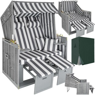 tectake® Strandkorb, gepolstert mit ausziehbaren Fußbänkchen, klappbare Seitentische und weitere Extras, 115 x 158 x 78 cm 