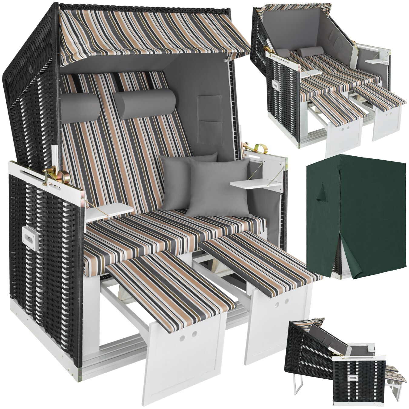 tectake® Strandkorb, gepolstert mit ausziehbaren Fußbänkchen, klappbare Seitentische und weitere Extras, 115 x 158 x 78 cm
